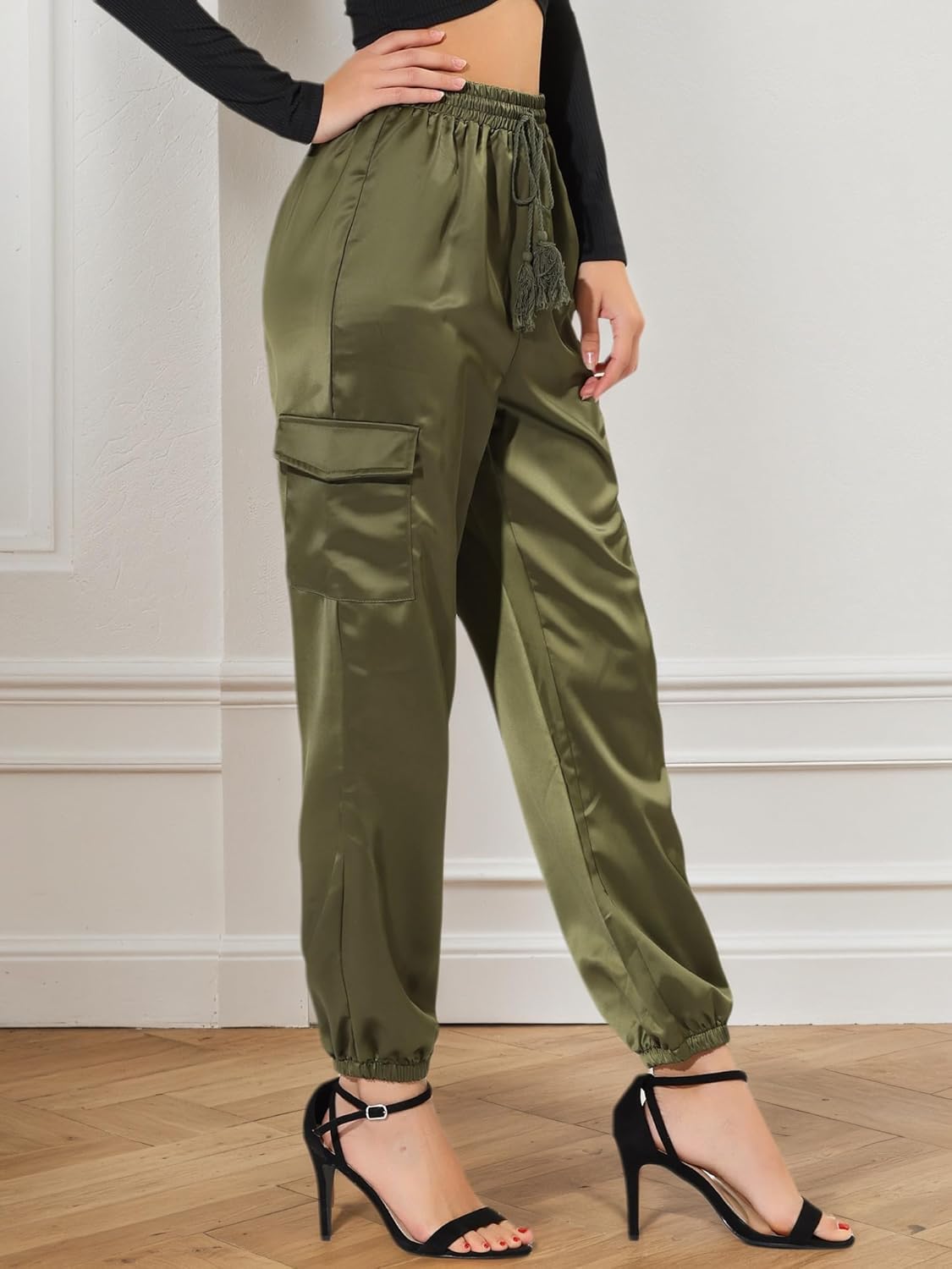 Allegra K Women's Satin Pants Tie Elastic High Waist Shiny Silky Dressy Satin Cargo Joggers - Image 4