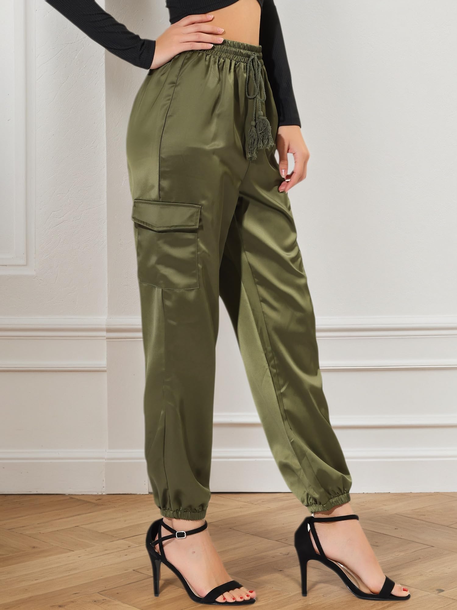 Allegra K Pantaloni Cargo da Donna in Raso di Seta con Elastico a Vita Alta con Coulisse Casual Elegante
