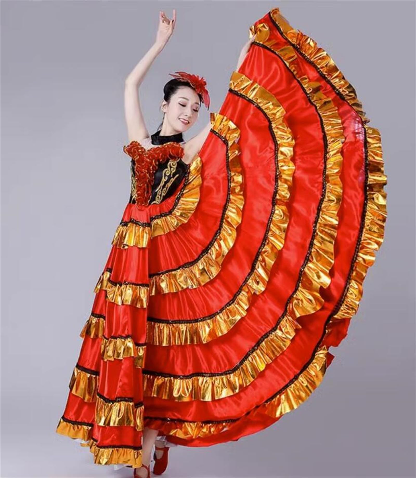 OTMYIGO Las Mujeres Vienen a Bailar Falda Gitana española Flamenco satén poliéster Sedoso Gran Columpio Carnaval Fiesta Vestido de salón Traje de Danza del Vientre