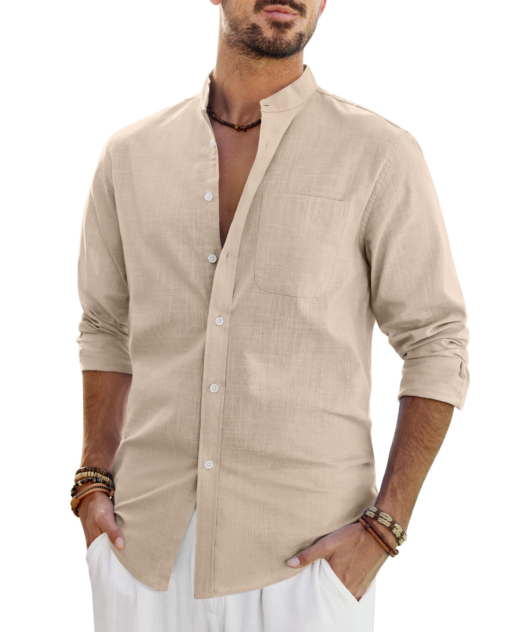J.VER Leinenhemd Herren Hemd Langarm Stehkragen Leinenshirt Baumwolle Atmungsaktiv Regular Fit Freizeithemden Casual Sommer Strand Leinen Shirt mit Tasche