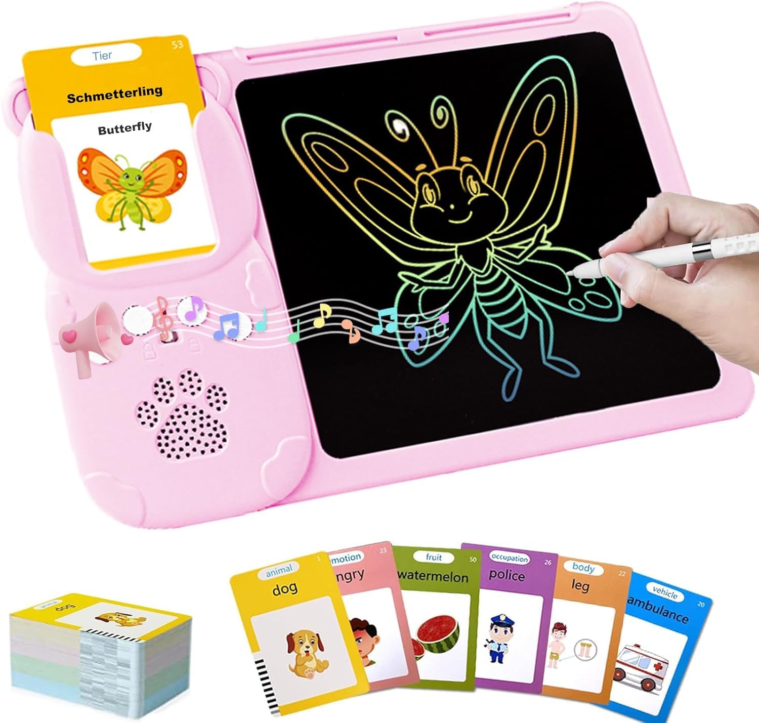 Plastic 112 Talking Flash Cards LCD Writing Tablet for 3-8 Years Toddlers,Rechargeable Drawing Board Pad Toy for Boys Girls Kids Birthday Gifts,Preschool Montessori Speech Therapy-Pink