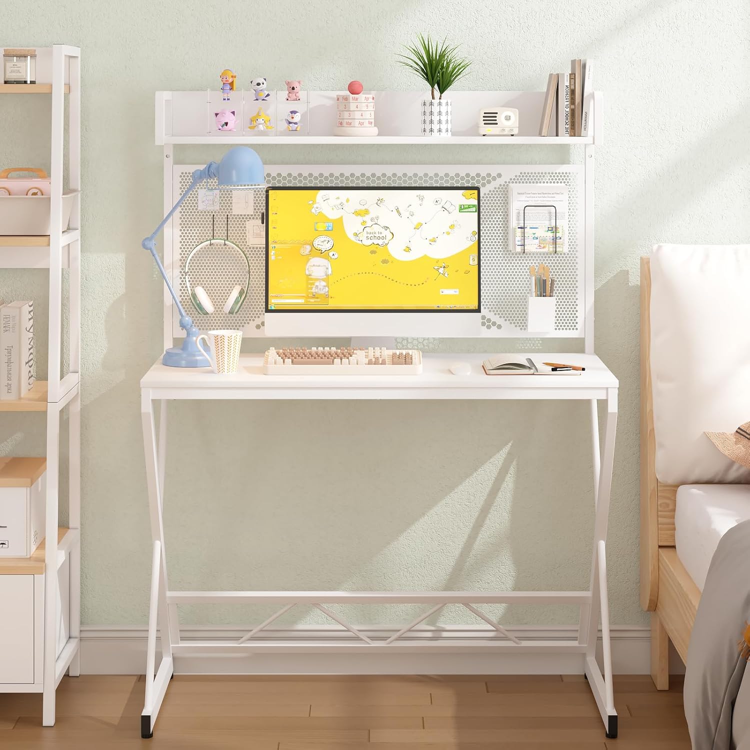 Elephance Small Gaming Desk with Pegboard, 39 Inch Computer Desk with Storage Shelves, Modern Office Desk for Study Work Home Office, Small Spaces, White