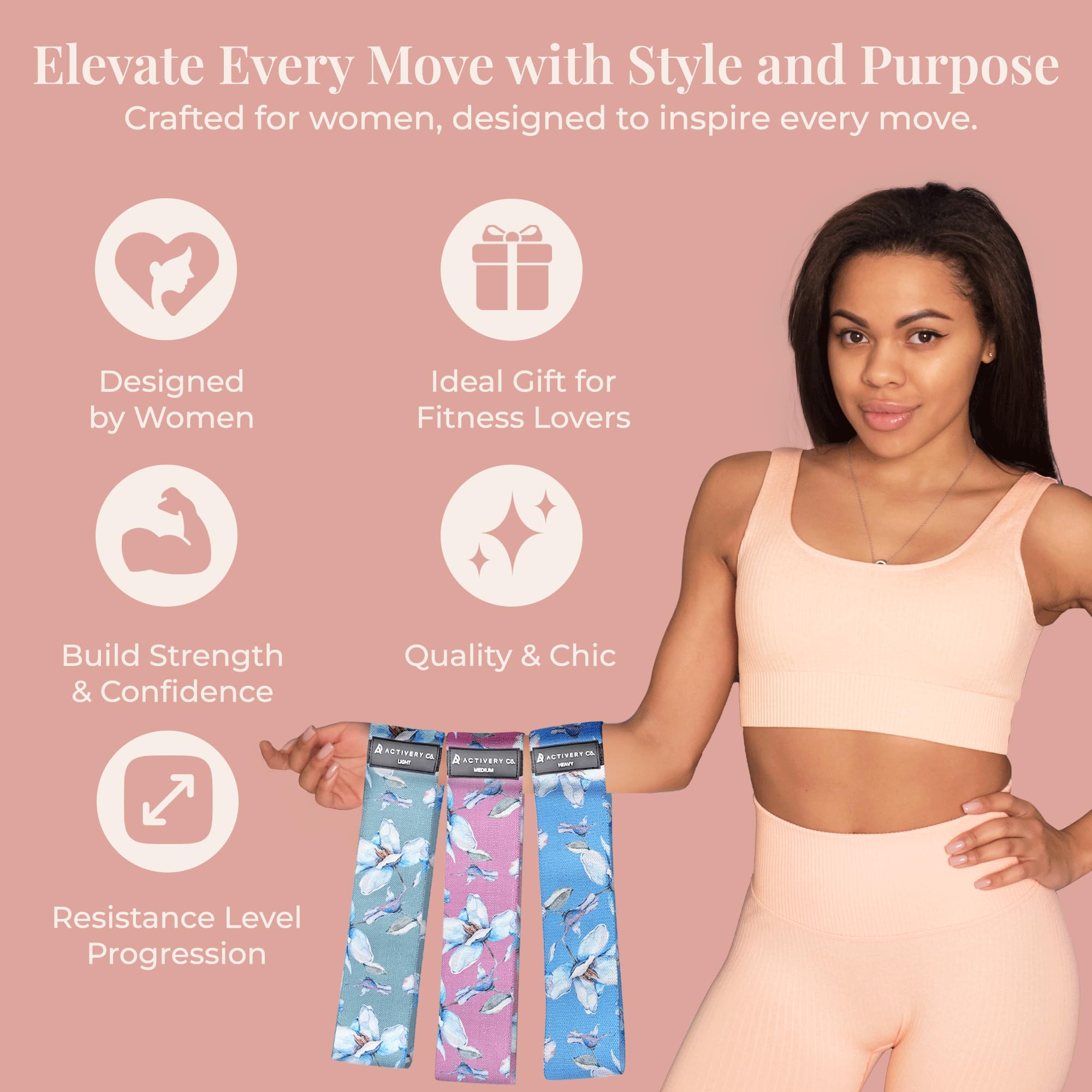 Bandas de resistencia de tela para mujer, paquete de 3 con guía de ejercicios, resistencia ligera/media/pesada, bandas de entrenamiento para glúteos, piernas, fitness y terapia física, diseño floral