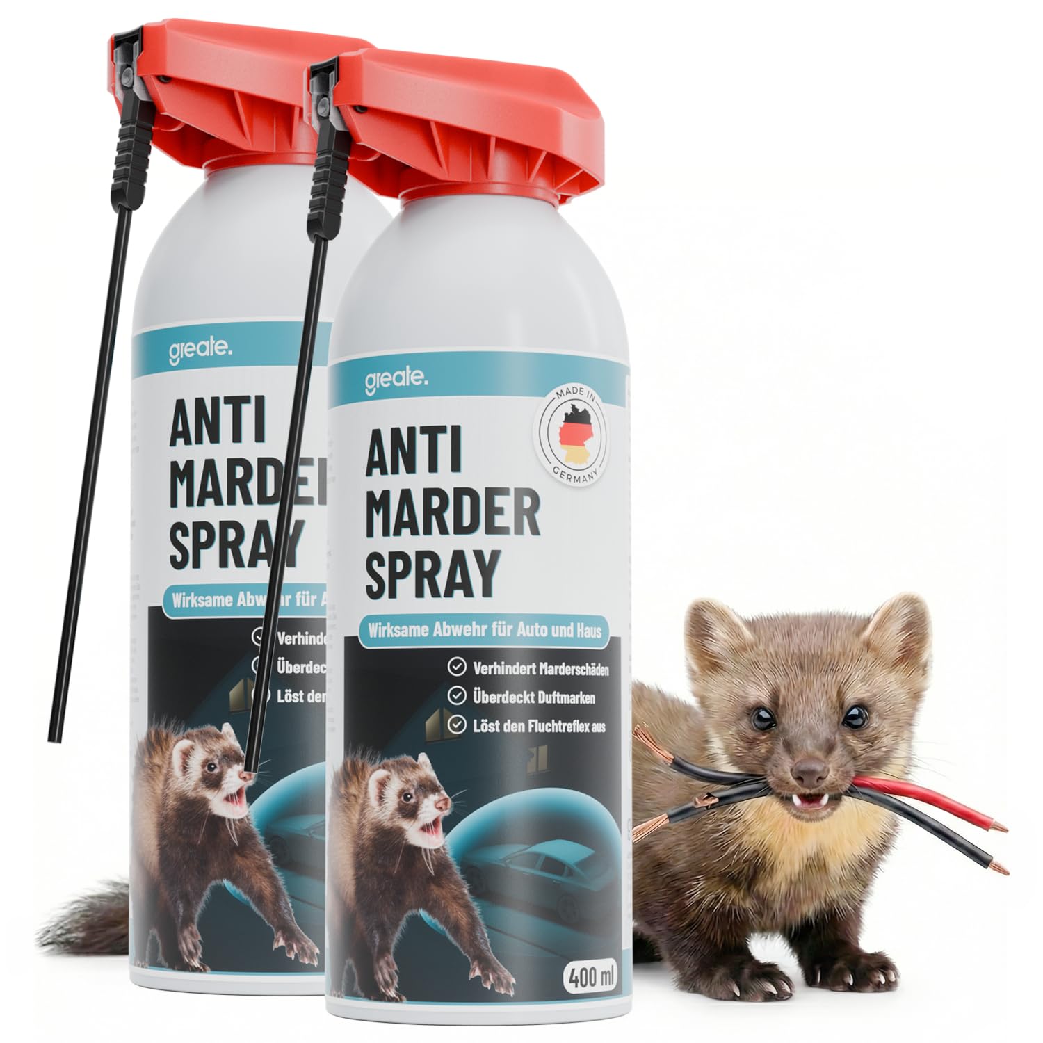 greate 2X Marderabwehr Auto wirkt sofort - Verbesserte Rezeptur - Langzeit Marderspray 400ml in Deutschland entwickelt & produziert - Marderschutz für Auto - Anti Marder Spray - Mader Abwehr