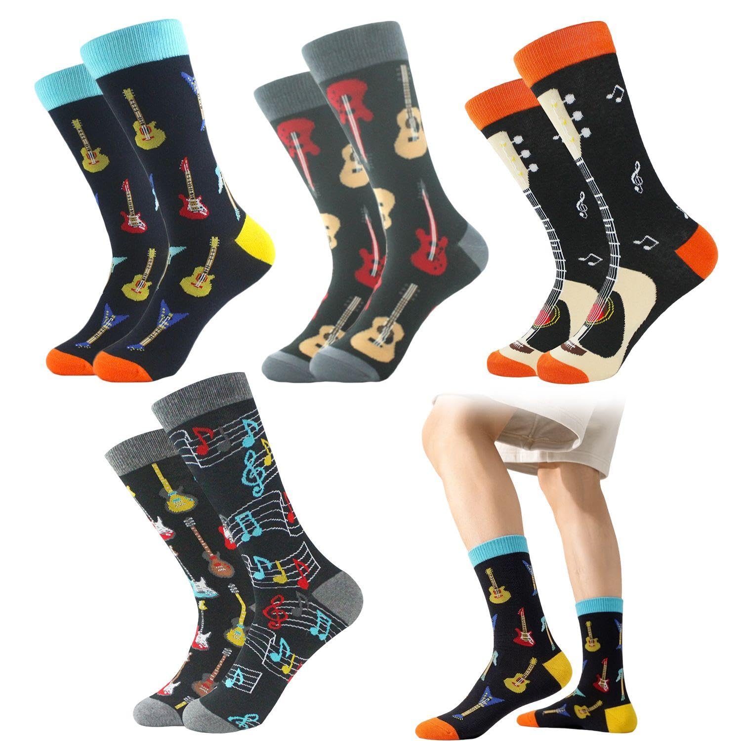 FFDHWU 4 Pairs Of Fun Cotton Guitar Socks, Comfortable Non-Slip Casual Socks, Sweat-Absorbent And Breathable, Gifts For Music Lovers, Unisex.