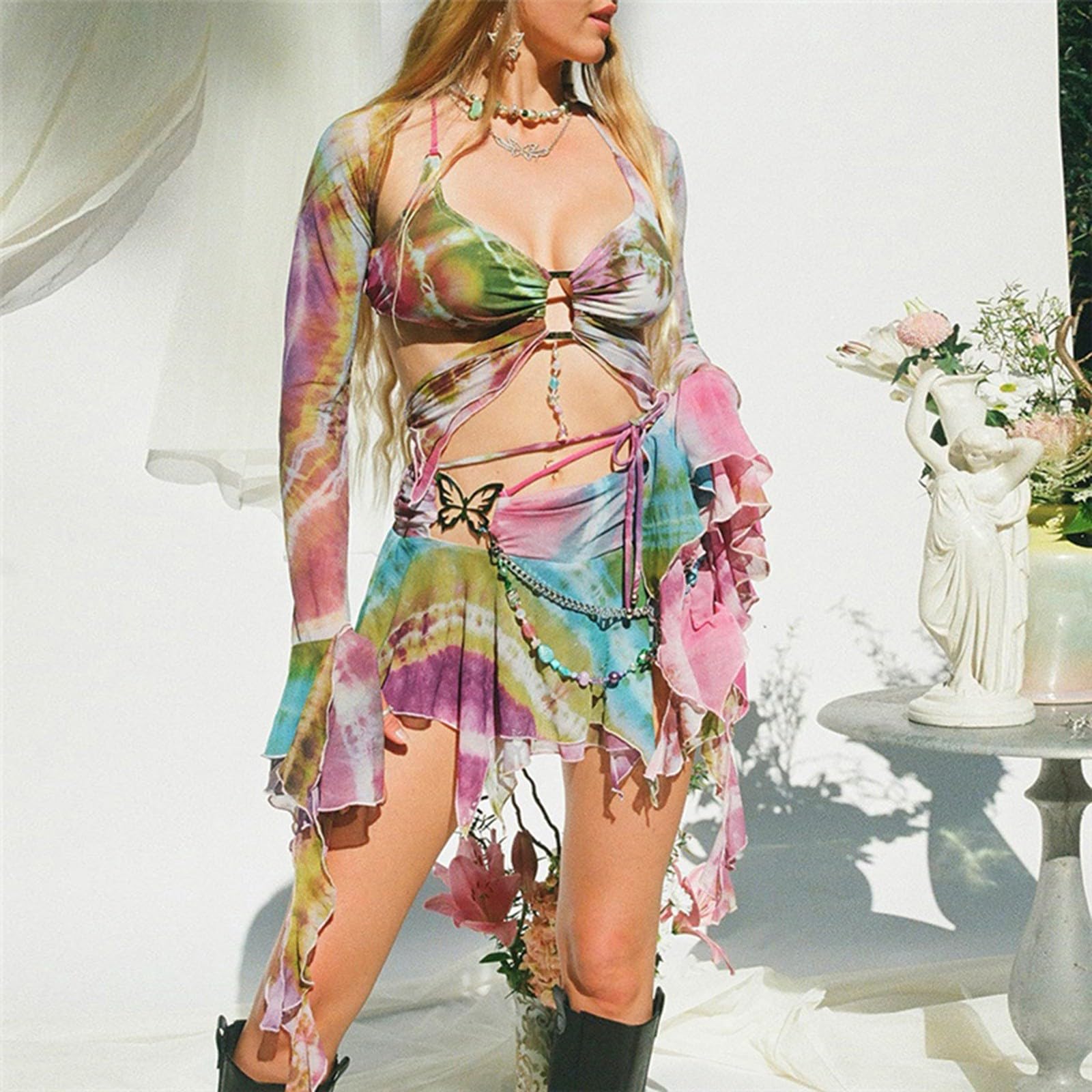 Generisch Mujer 3 piezas Verano Tie Dye Print Trajes Manga Larga Cizalla Malla Shrug Tops Chaleco Irregular Falda y Parte Superior sin vientre Conjunto de Cordones Rave Festival Streetwear Cosplay