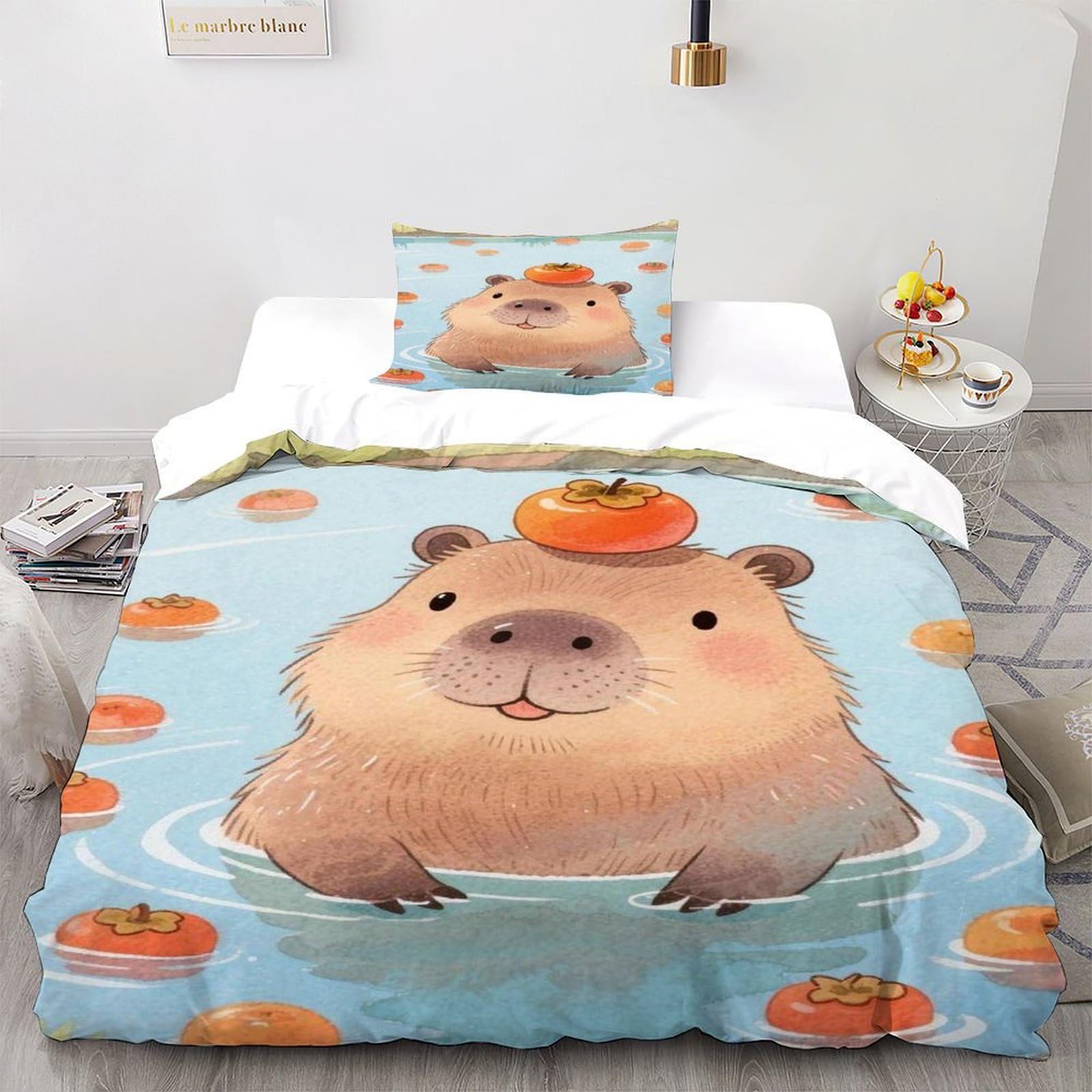 Capybara Persimmon Bedding Set 3D Design Animal Themes Wildlife Duvet Cover Set Microfiber Quilt Cover Universal for All Seasons with Pillowcase Single（135x200cm）