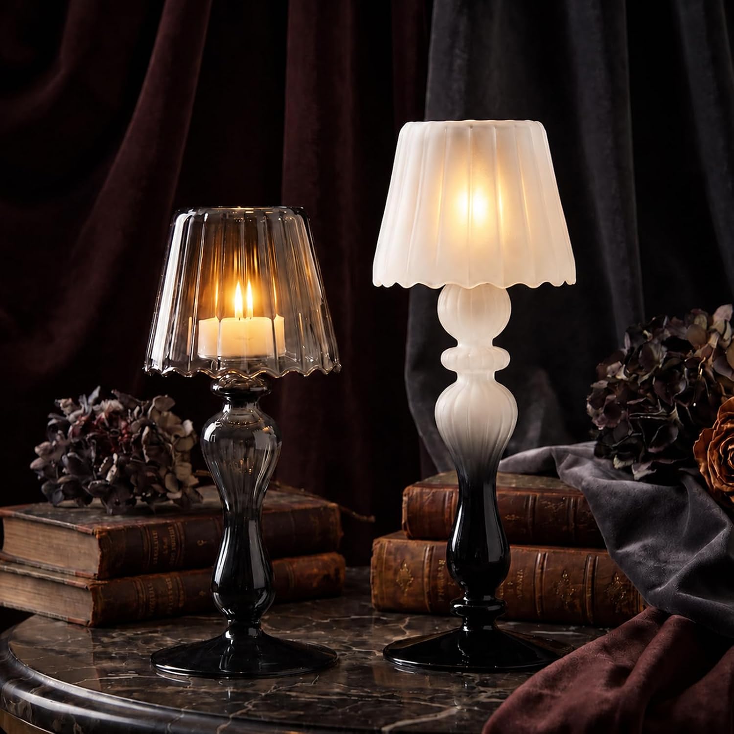 Vesici 2 Pcs Halloween Glass Lamp Candle Holders Hurricane Tealight Gothic