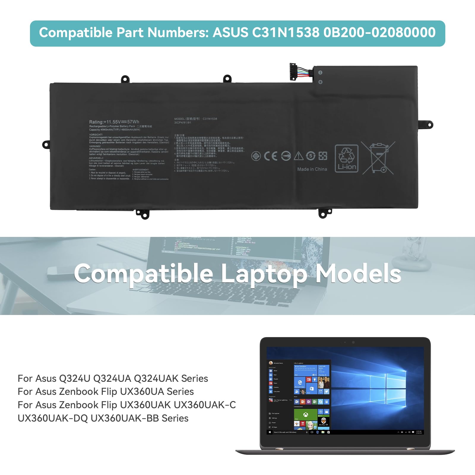 Batterie 57Wh C31N1538 De Remplacement Pour Asus ZenBook Flip UX360UA, Q324UA Et Autres Modèles