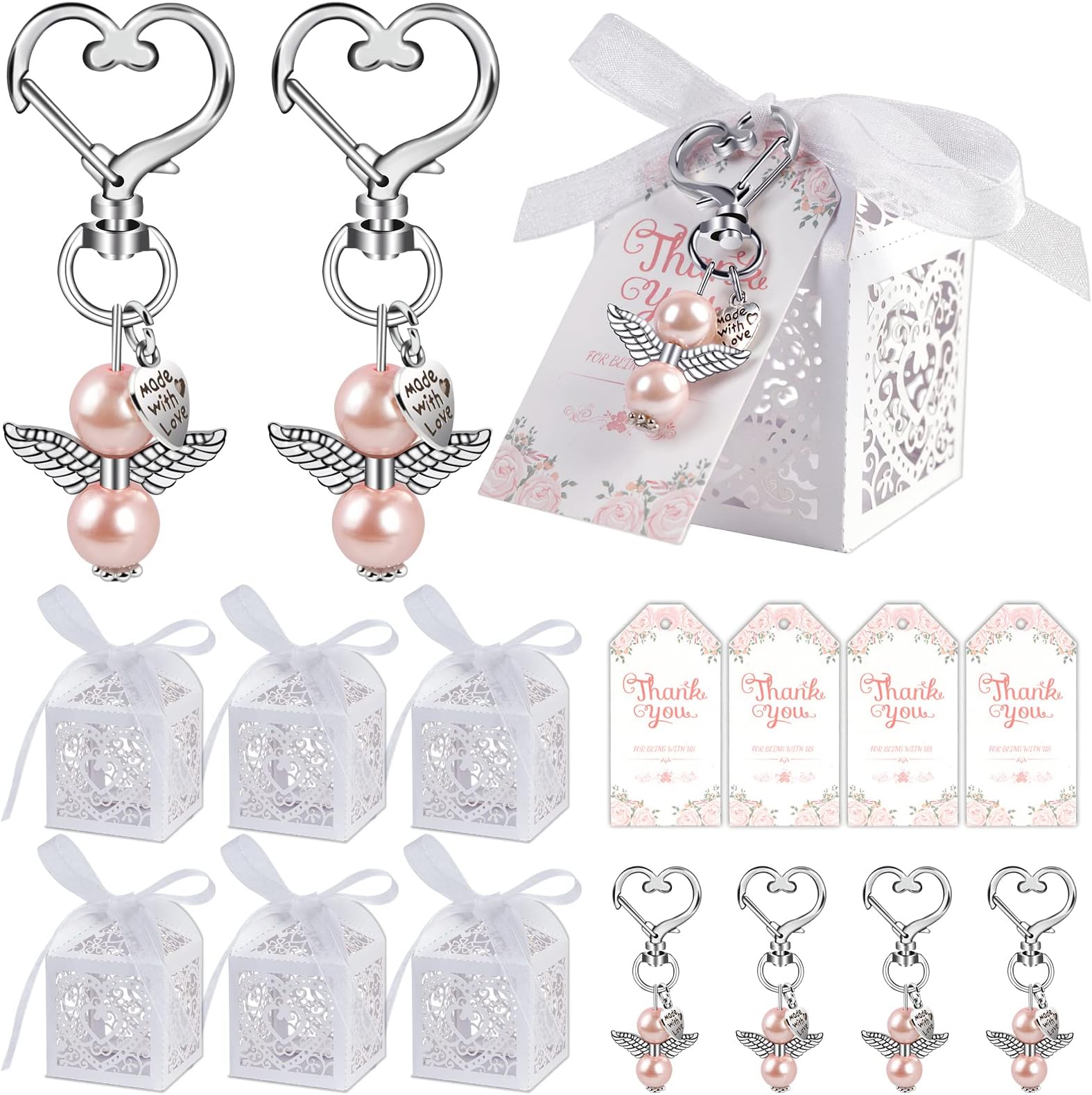 48Pcs Baby Shower Favors for Girls, Angel Keychain Favors, Thank You Cards, and Baptism Favor Boxes, Return Gifts for kids birthday, Wedding Party Favors for Guests