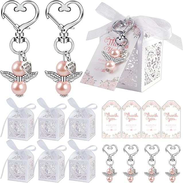 OurWarm 48Pcs Baby Shower Favours Including Pink Angel Keychains, Favour Boxes and Thank You Tags for Bridal Shower Favours, Gender Reveal Party Favours, Wedding Favours for Guests, Guest Return Gifts