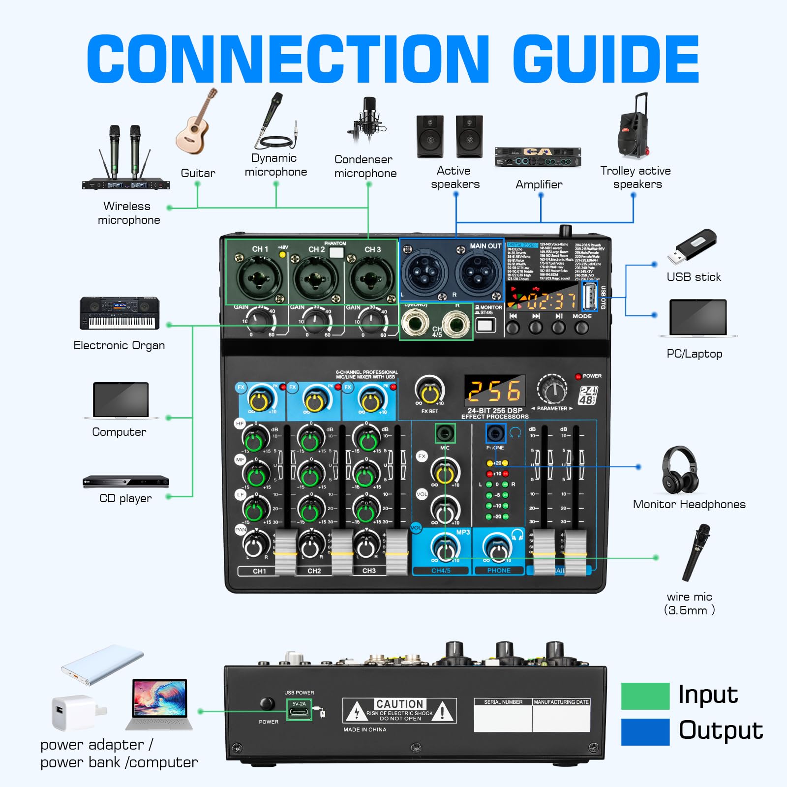 Depusheng Profesjonalny mikser audio Digital FX 256-bitowy DSP USB Bluetooth MP3 Komputer DJ Mikser 5-kanałowy interfejs wejściowy z zasilaniem fantomowym 48 V do nagrywania na komputerze, streamingu