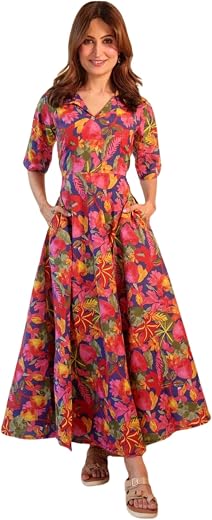 IRVAAH Women Floral Printed Maxi Dress, A-Line, Half Sleeves, V-Neck, Pockets