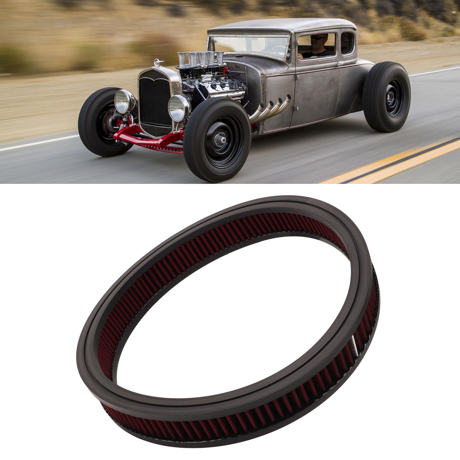 Elemento de Filtro de Aire Redondo para Filtro de Aire de 14 X 2 Pulgadas, Mayor Potencia y Aceleración, Lavable y Reutilizable, Protección del Motor, Duradero (Rojo)