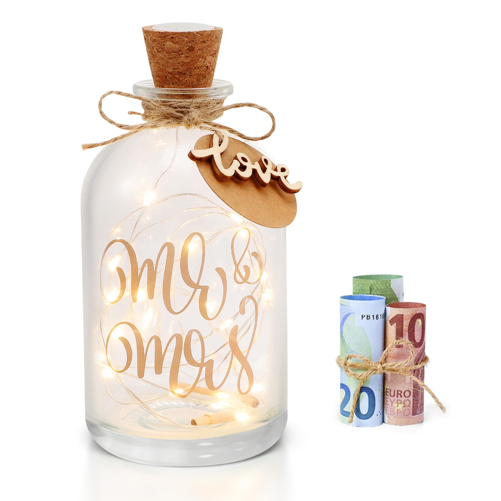 LIFEJXWEN LED Flaschenlicht Hochzeit, Geldgeschenk Hochzeitskasse Spardose Geldgeschenke Hochzeit Verpackungen mit Kork, Lichterkette, Karte