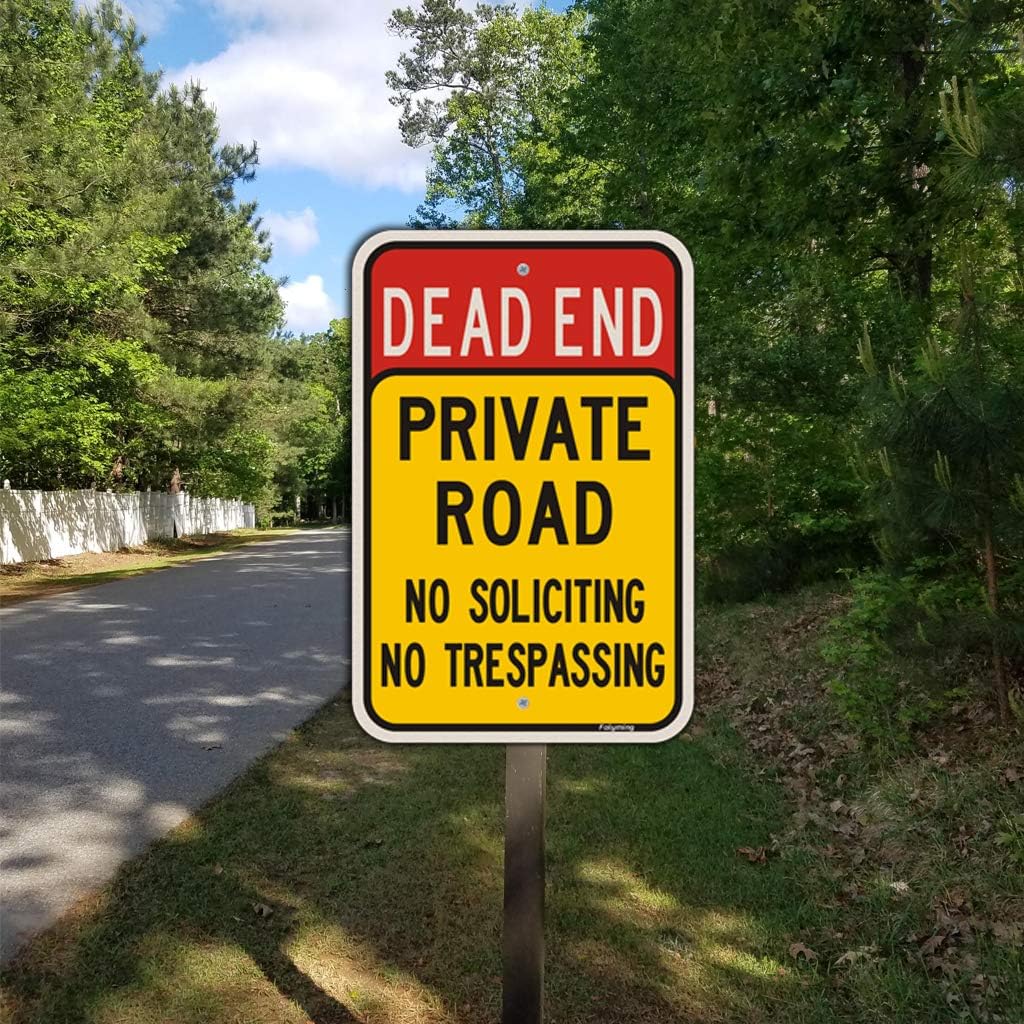 2 Pack Dead End Private Road No Trespassing No Soliciting Sign 18 x 12 Inches Private Driveway Sign Metal Reflective Sturdy Rust Aluminum Waterproof Easy to Install