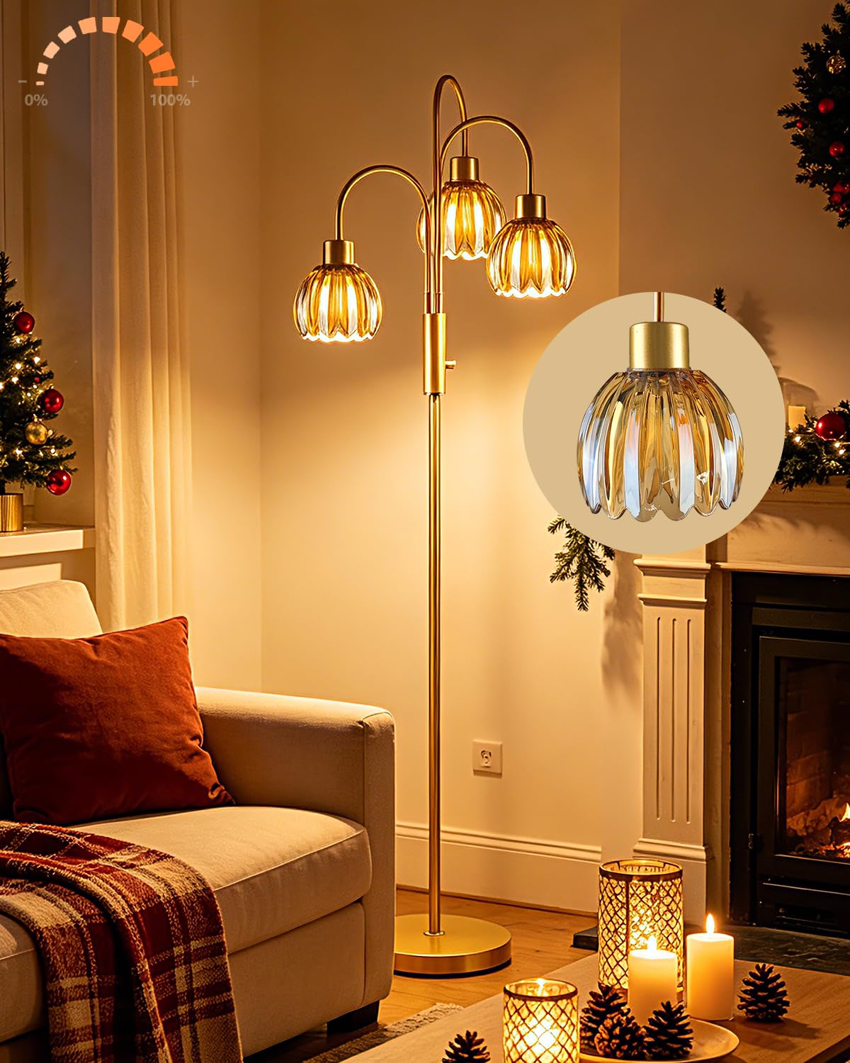 Amber Lotus Glass Floor Lamp 3-Light 70" Gold Dimmable Tall Standing Lamp