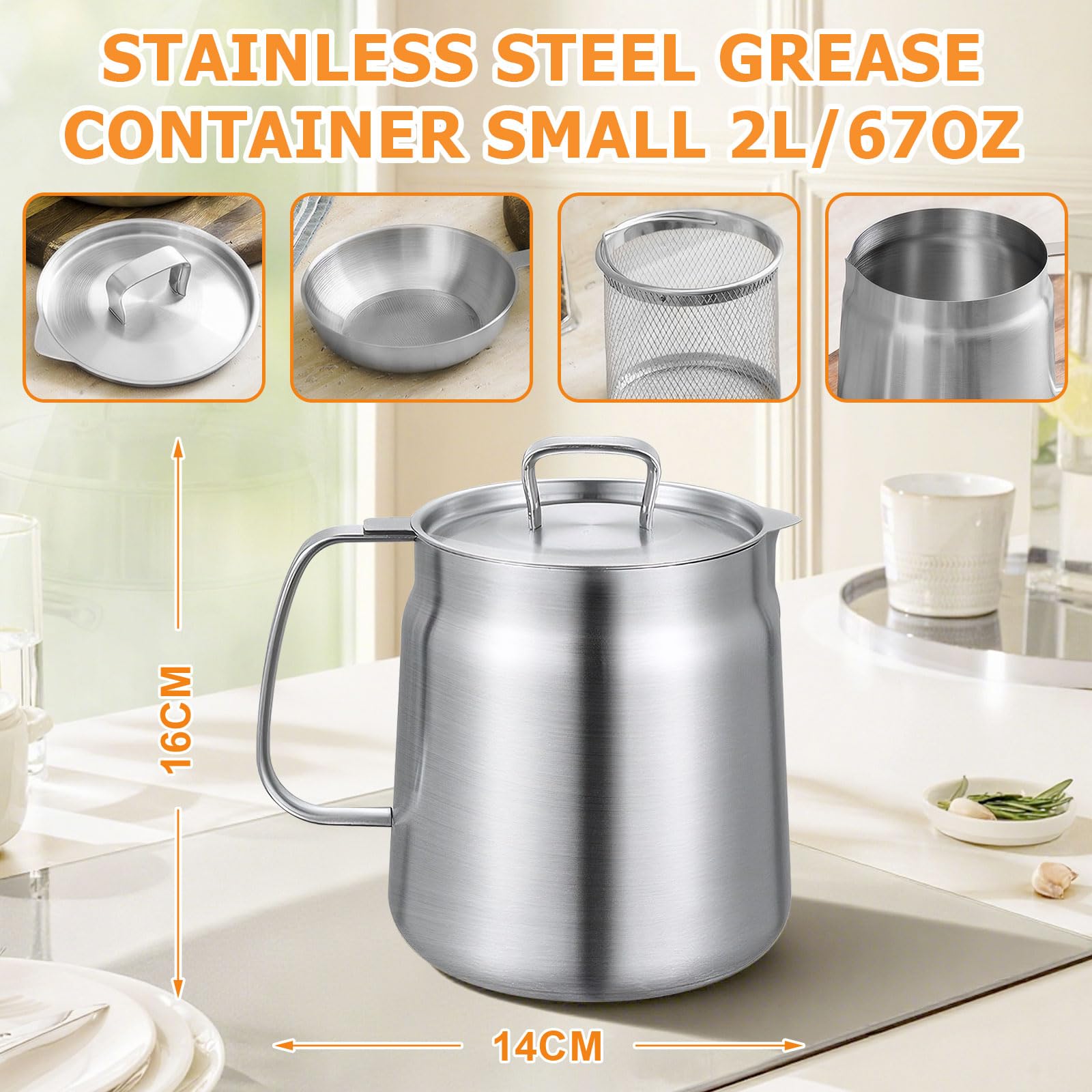 Pot de filtre à huile en acier inoxydable 304 avec panier filtrant et maille, friture et graisse de cuisson pour cuisinière à gaz et cuisinière en céramique (2 L)