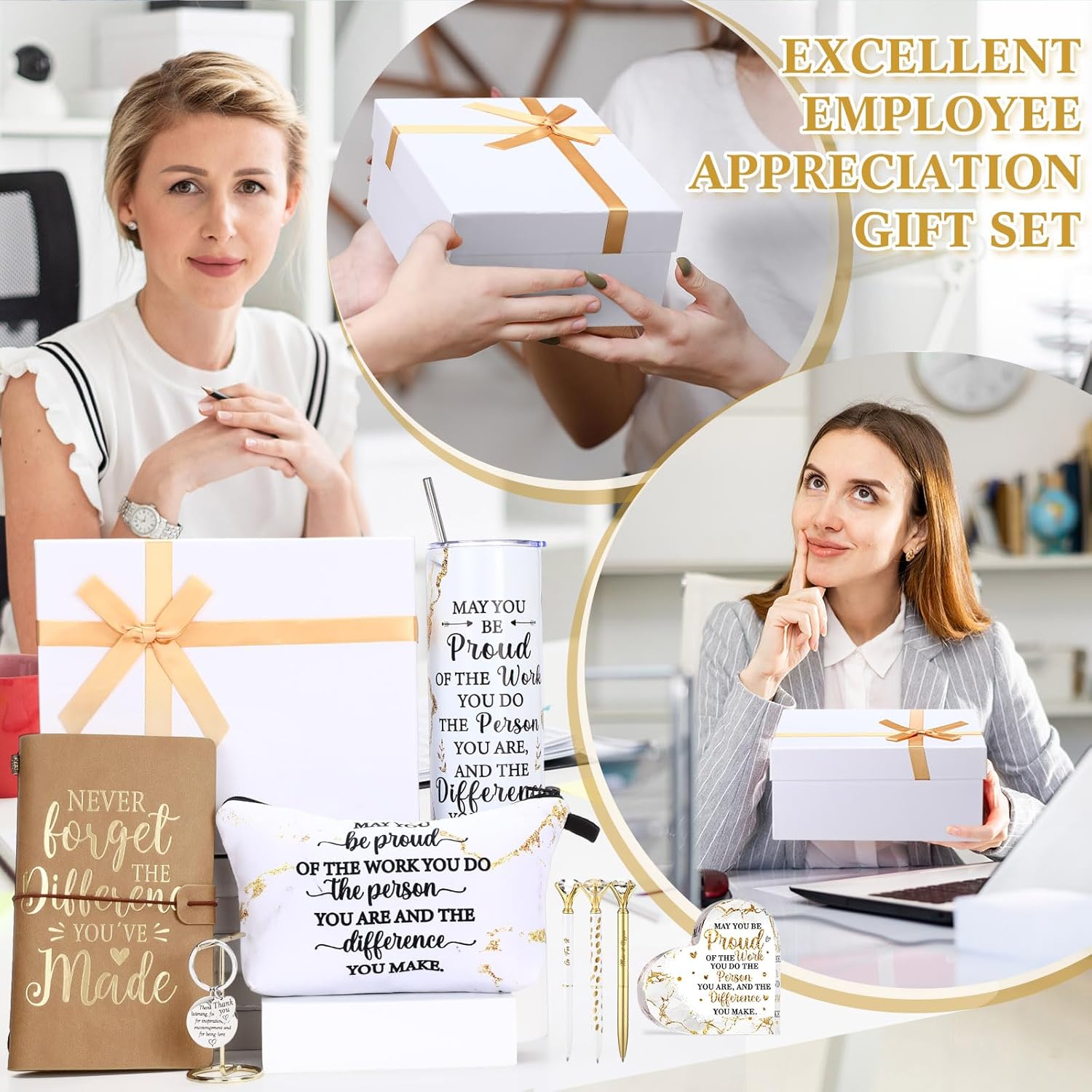 Yungyan 8 Pcs Employee Appreciation Gift for Women Men, Administrative Professional Day Gift May You Proud Tumbler Notebook Pen Makeup Bag Keepsake Keychain for Ot Month Teacher Coworker Nurse(White)