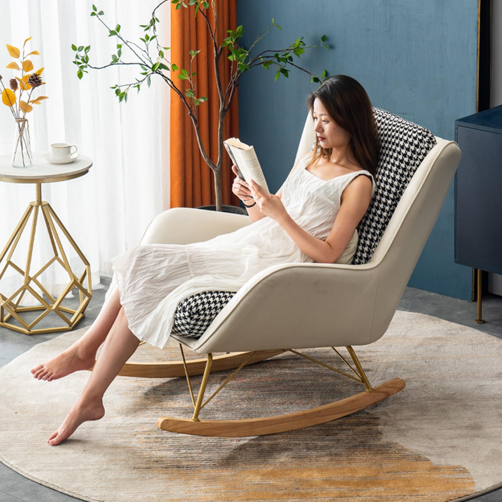 Silla Mecedora Con Reposapiés Acolchada En Tela De Peluche