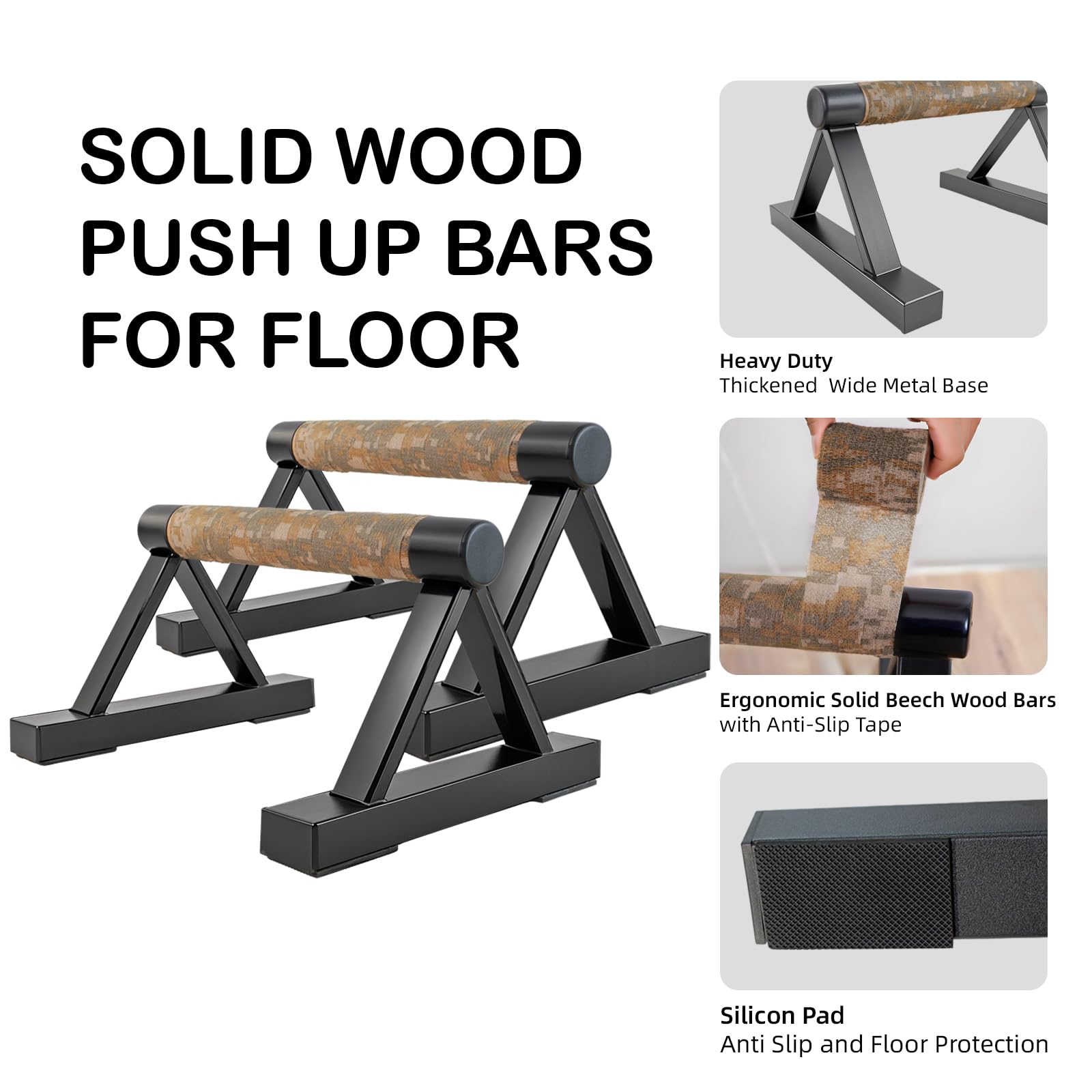 Purife 1 Pair Wood Push Up Bars for Men, Anti-Slip Floor Handstand Parallettes Bars, Strength Training Push-up Stands for Calisthenics, Fitness, Gymnastics, Workouts, Calistenia