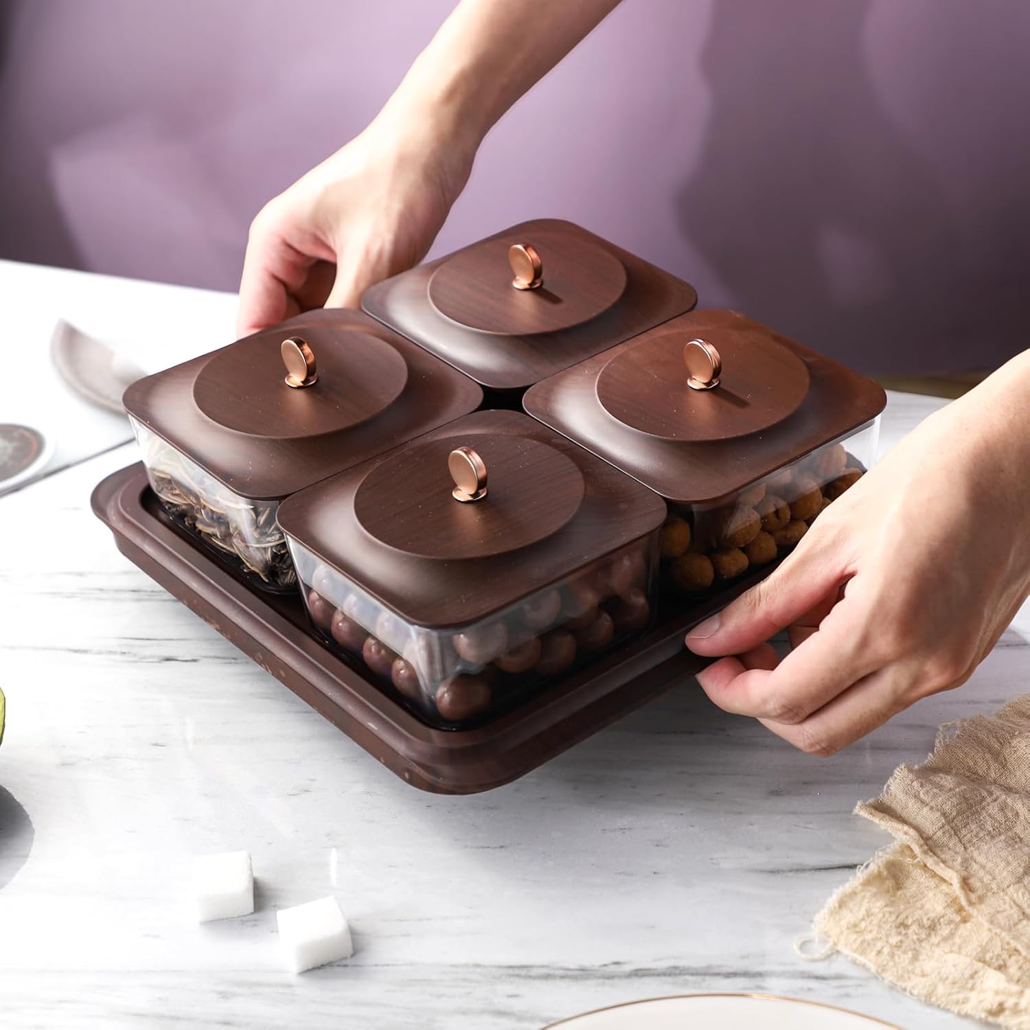 Serving Set: Plastic Imitated Wood Serving Tray & 4 Snack Boxes with Lid, Ideal for Home, Party & Birthday