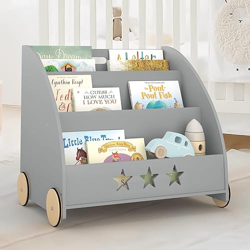 Miniatura 6 de Curipeer Estantería de almacenamiento para niños con ruedas organizador de madera grande para guardería estantería para niños estante de 3 niveles