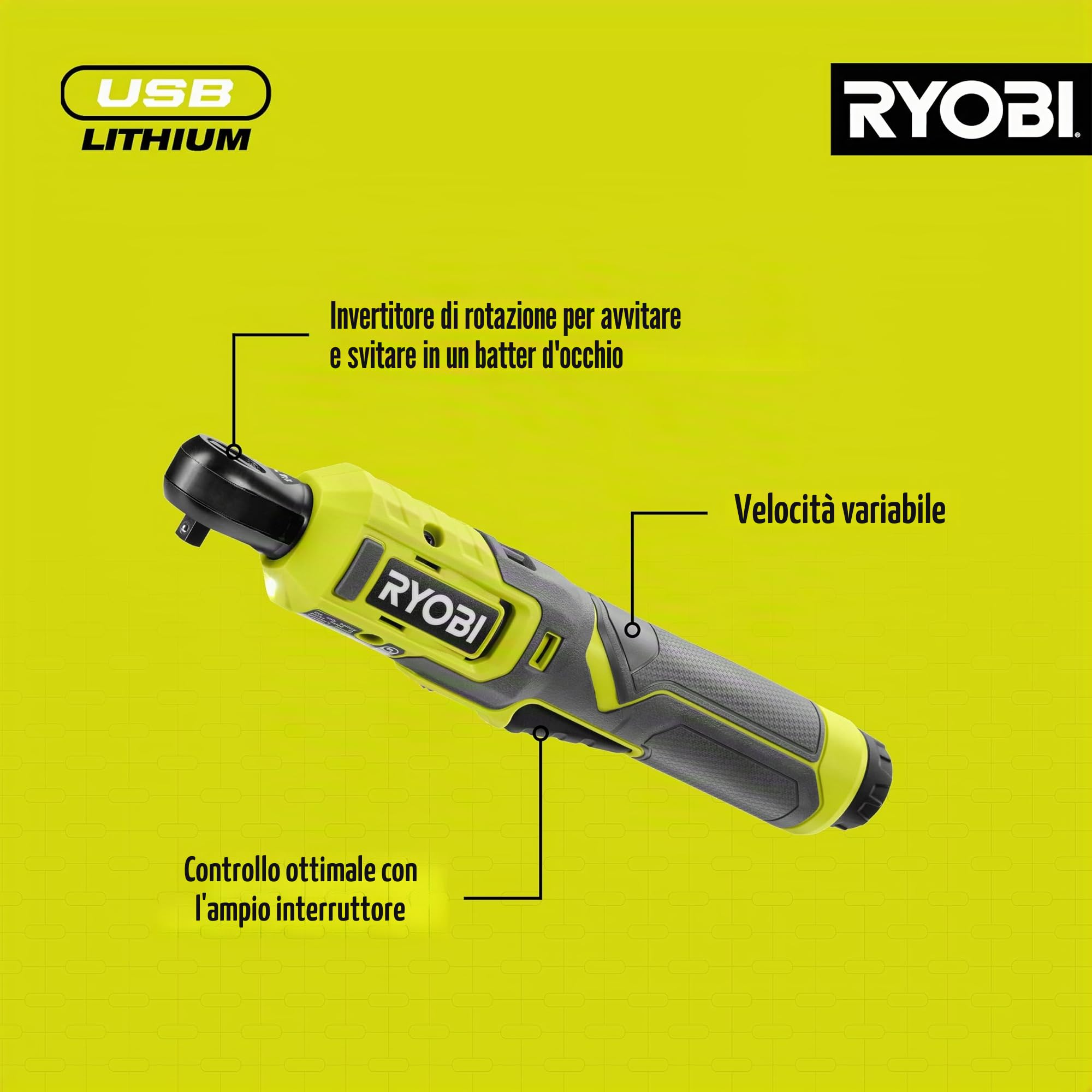 RYOBI RR14W4-0 Avvitatore a Cricchetto 4V USB Lithium™, Attacco da 1/4", Ideale per Serrare e Allentare Piccoli Dadi e Bulloni, Batteria Non Inclusa