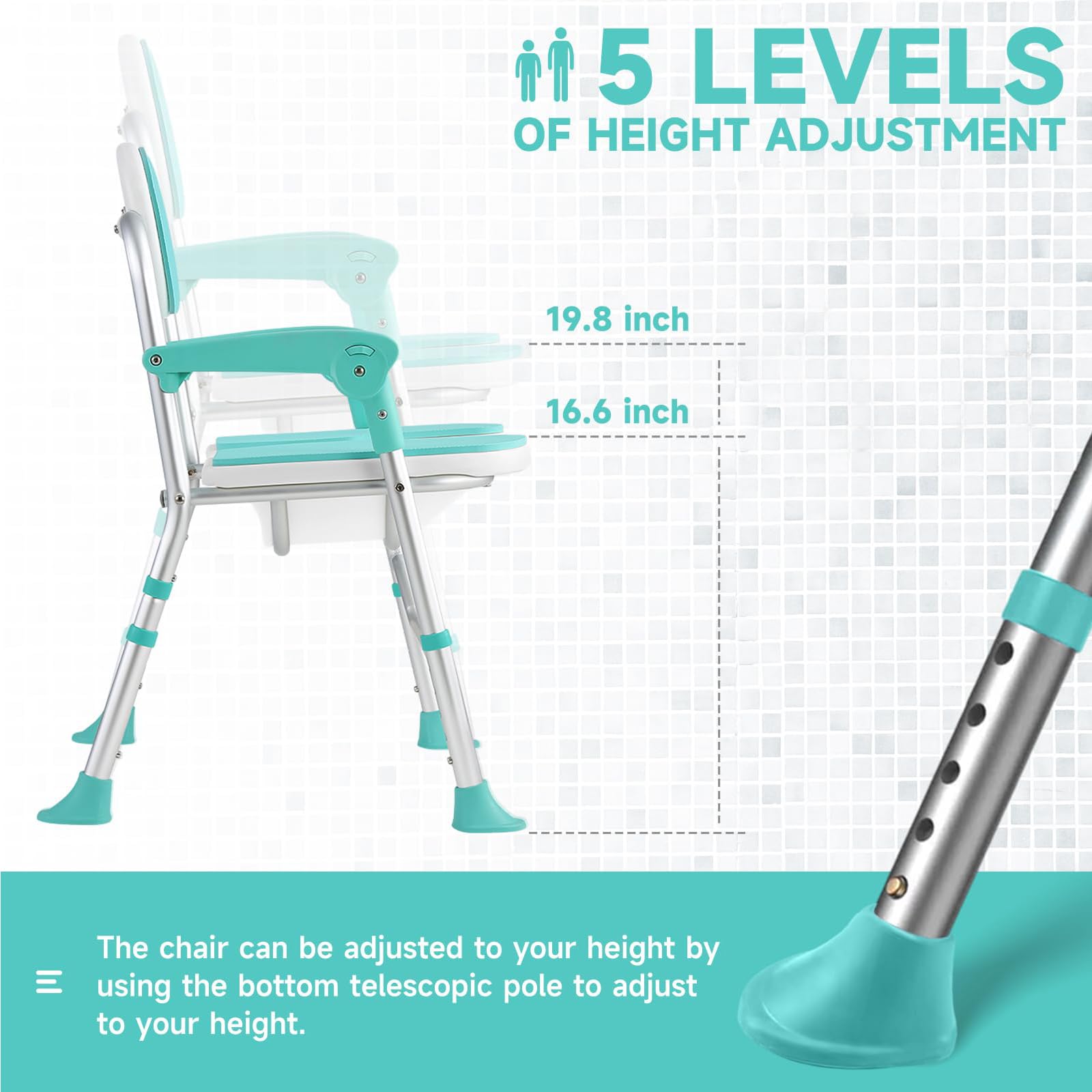 Silla de ducha plegable con apoyabrazos, respaldo y almohadillas antideslizantes, altura ajustable, soporta hasta 180 kg, taburete de ducha para personas mayores