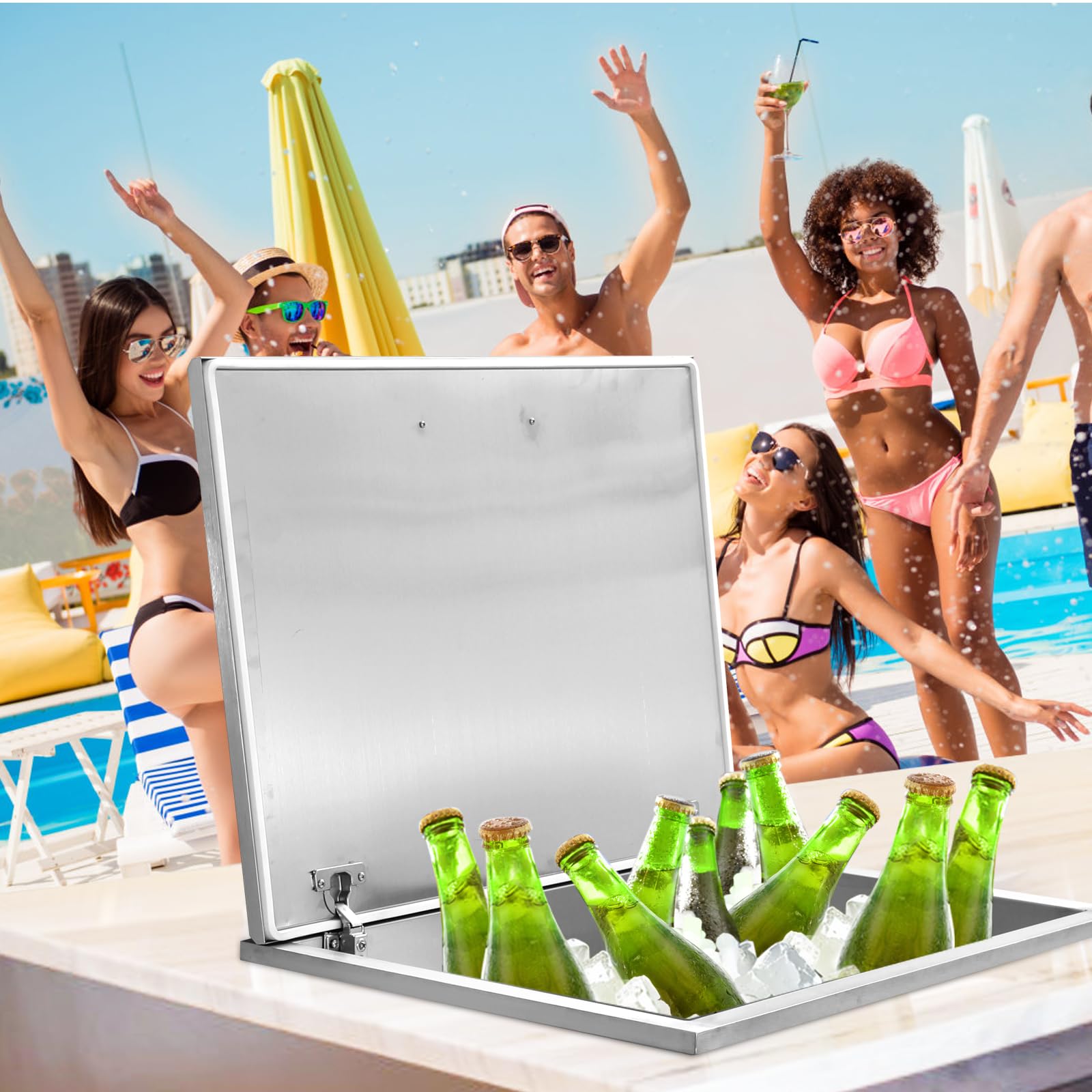 107L Edelstahl Drop-In Eisbehälter für Outdoor-Küche, Edelstahl Einbau-Eisbehälter mit Klappdeckel, Ablaufrohr & Stöpsel, Perfekt für Gartenbar & Grill, Kühler für Getränke, Wein & Bier, 71×50×43cm