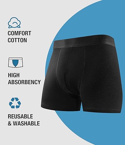Miniatura 2 de Calzoncillos tipo bóxer de algodón reutilizables para hombre, a prueba de fugas, lavables y reutilizables, paquete de 3 unidades, Negro -