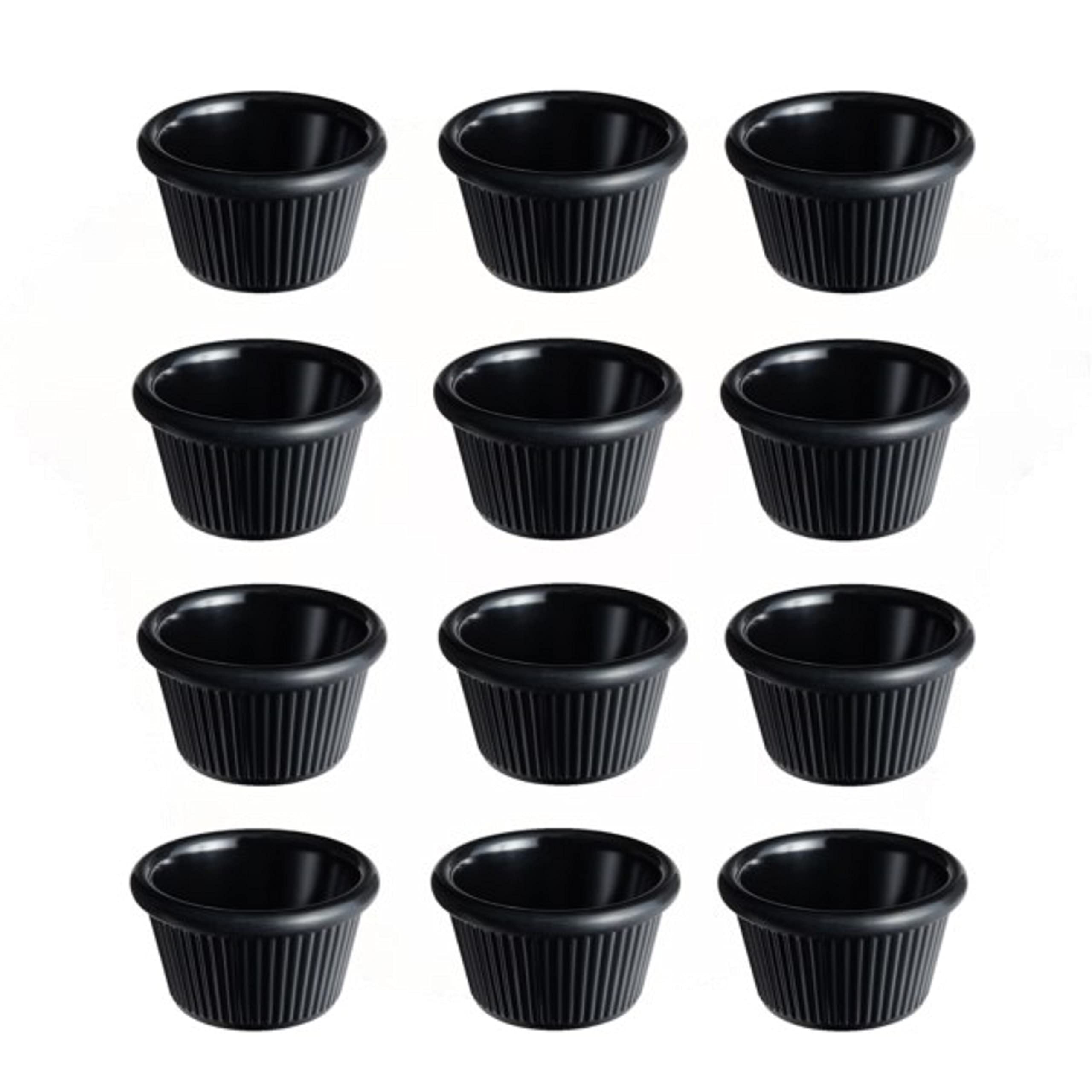 TrueCraftware- Set of 12 Fluted Ramekin 3-1/2 oz. Melamine Black Color- Plastic Ramekin Dipping Sauce Cup Portion Dipping Sauce Cups Individual Condiment cups For Catering Kitchen Restaurant