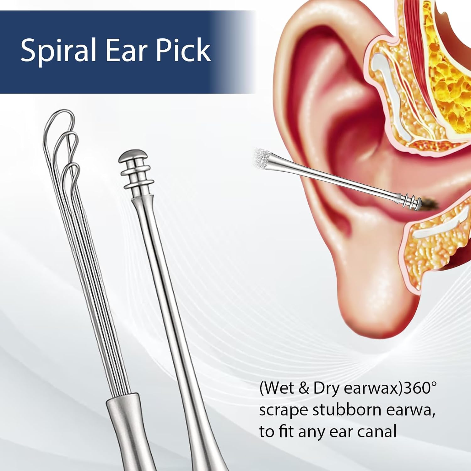 ElevateTech Ear Pick Earwax Removal Kit, 5 Pcs Stainless Metal Ear Cleansing Tool Set with Ears Spoon & Curette & Spiral Spring Reusable Earwax Removal Tool for Adults