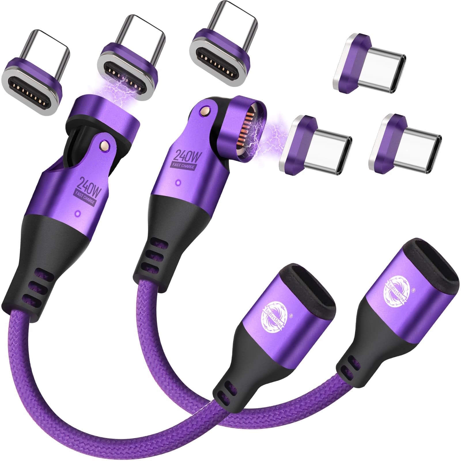 EndleesShine Magnetic USB Adapter Type C to C with 10cm Short Cable 16PIN Anti-Arc Stable PD 240W Fast Charging USB-C 180° Rotation Swivel Connector 480MBPS(2 Cable 6 Tips Set)