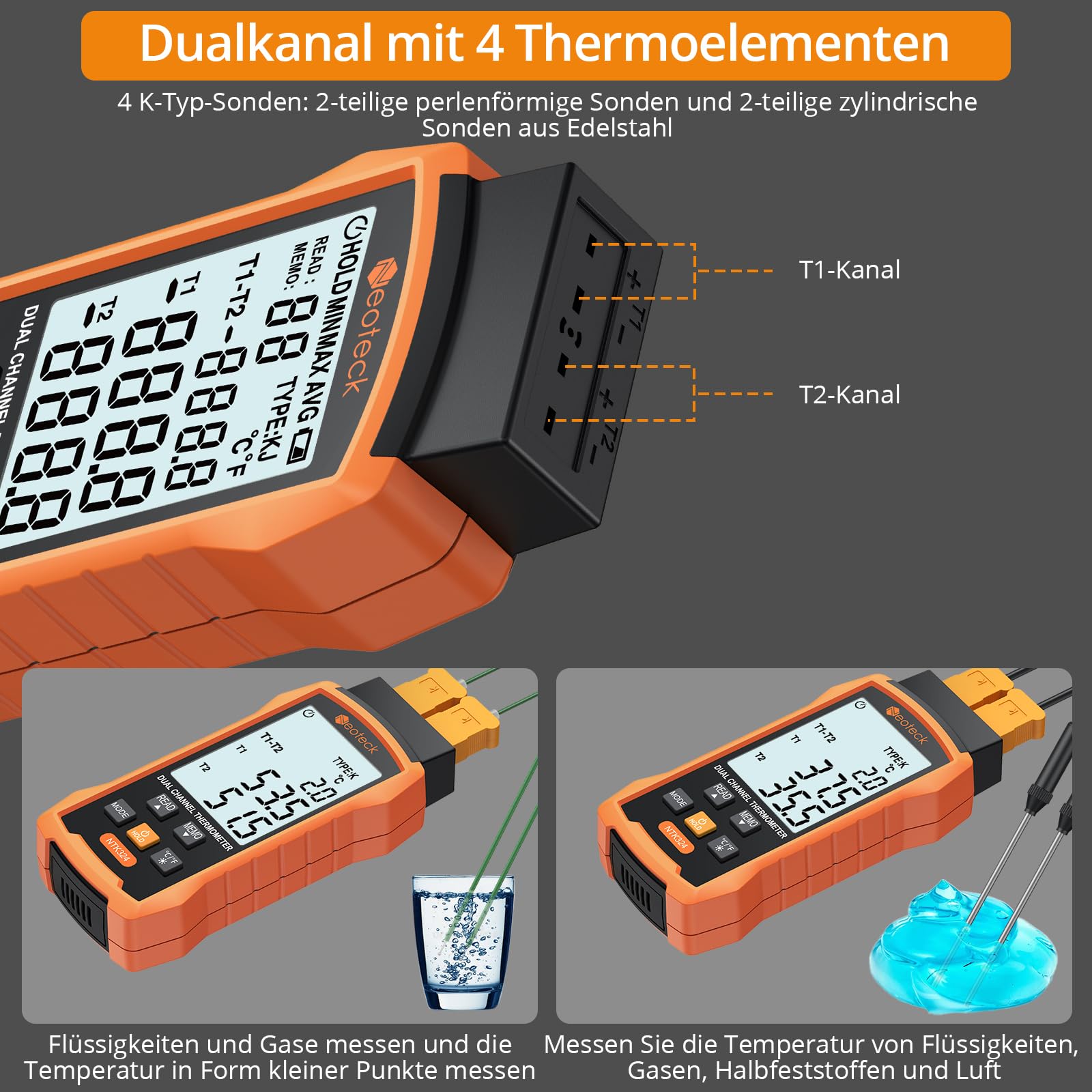 Neoteck Digital Thermoelement Thermometer Dual Kanal K/J Digitales Thermometer mit 4 Thermoelementen -50~1300°C Zweikanal-Temperaturmessgerät für HLK, Automobilen, elektrischer Wartung