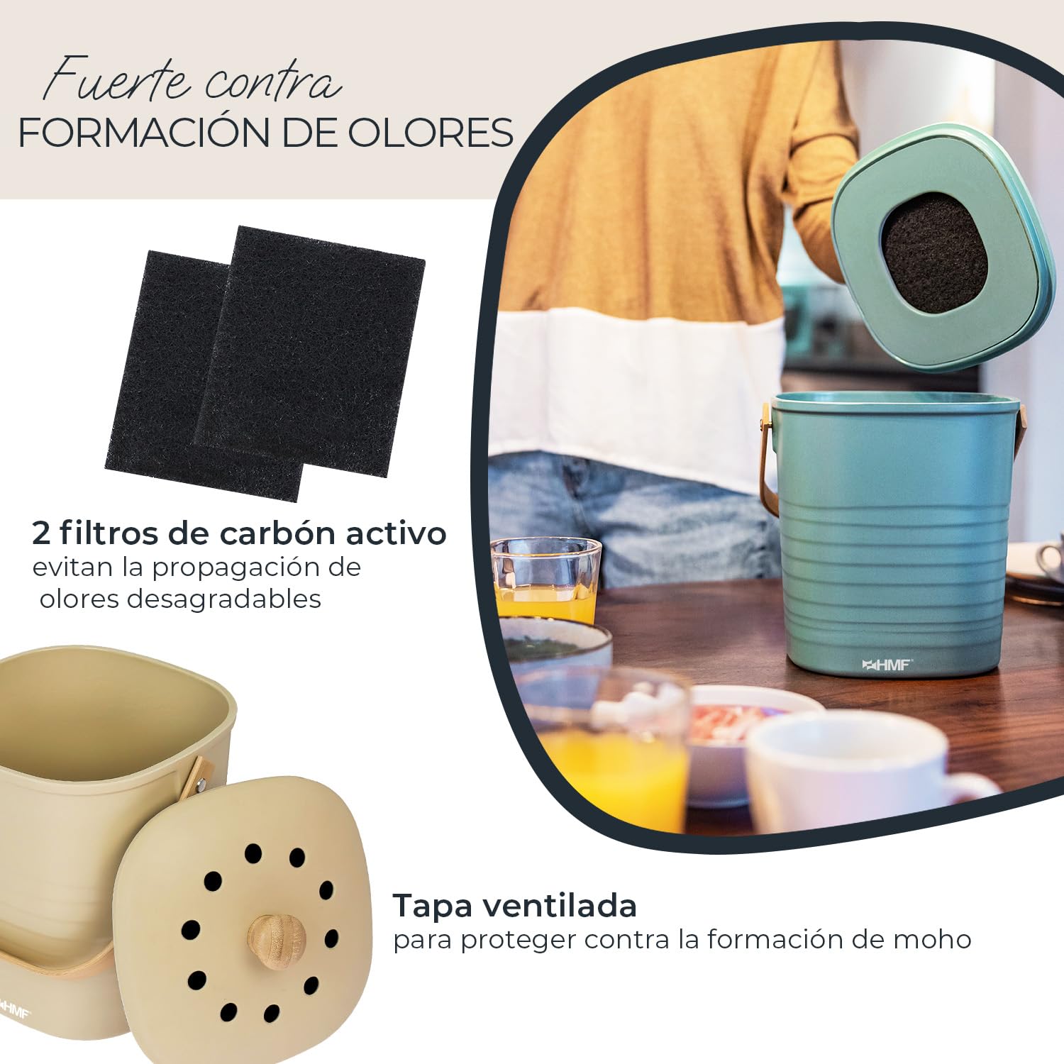 HMF Cubo de basura orgánico sostenible para cocina, 3 L, color beige (fibra de bambú, almidón de maíz)