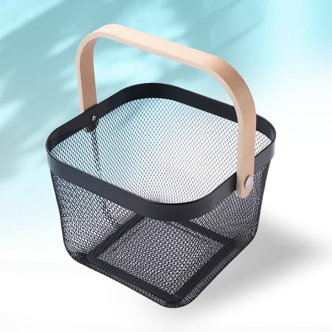 The Better Hme Metal Mesh Basket for Storage With Wooden Handles Black | Home Decor Items for Living Room | Room decor Items for Bedroom | Fruit Basket | Bathroom Organizer Laundry Basket for Clothes (B0C6DVWPXV) Amazon Price History, Amazon Price Tracker