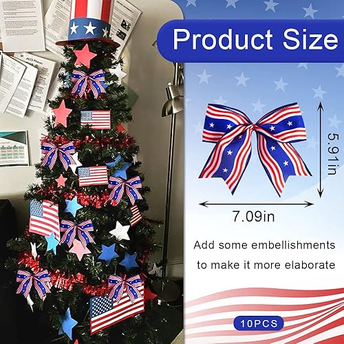 Miniatura 2 de 10 lazos patrióticos para corona, decoración del día del trabajo, tiras onduladas con estrellas, lazos de arpillera para coronas, lazos de cinta
