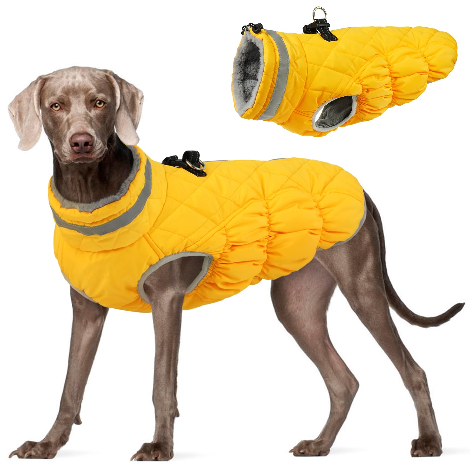 FUAMEY Dog Winter Coat Fleece Warm Large Dog Coat with Harness Built in