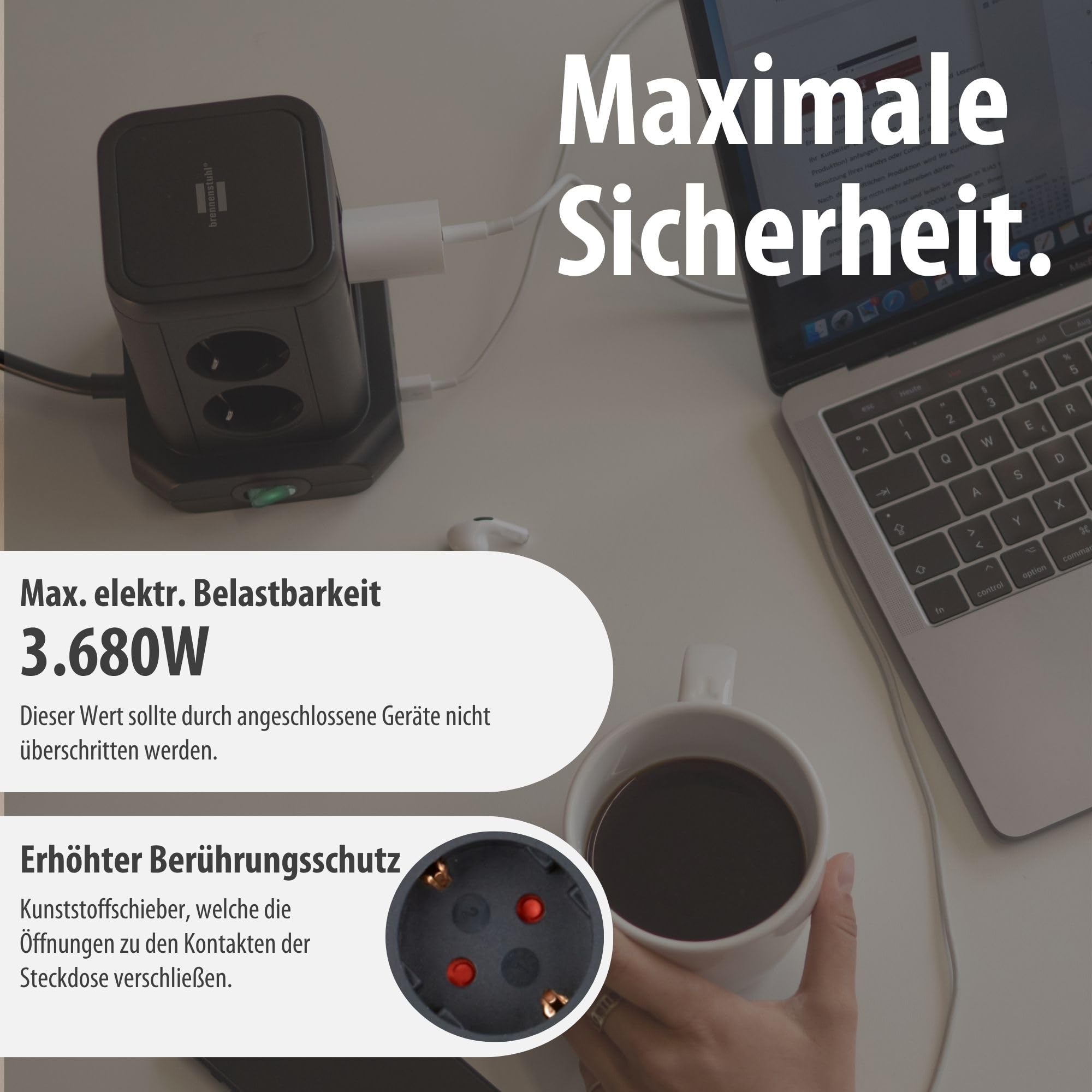 Brennenstuhl Steckdosenturm 8-Fach mit USB (Steckdosenblock 8-Fach mit 4X USB, Steckdosen in 45°-Anordnung, 2m Kabel) schwarz