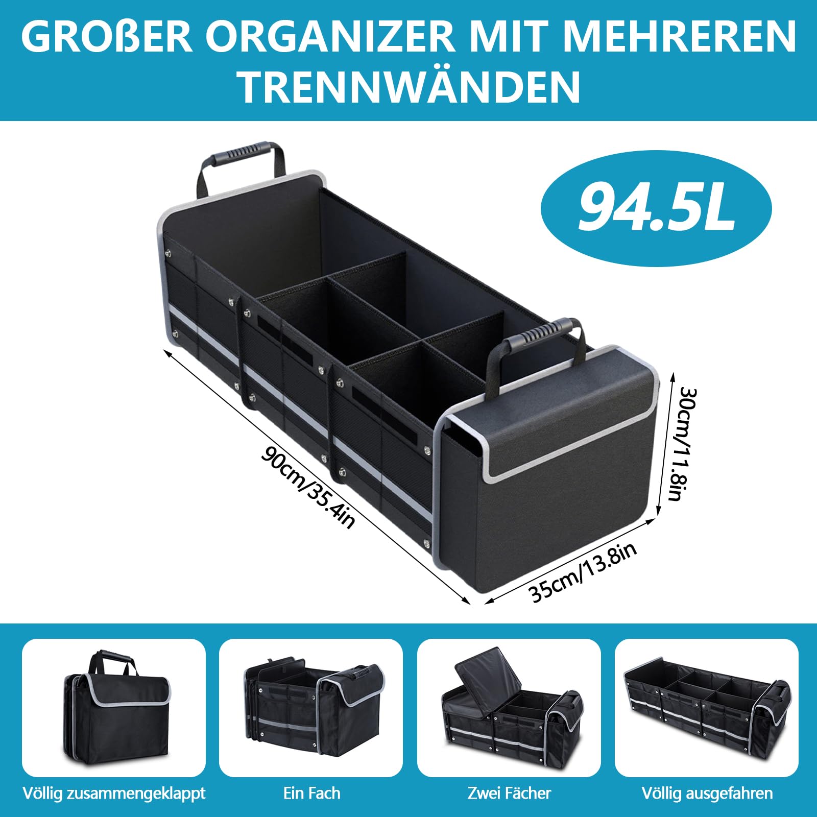 Organizer per bagagliaio extra grande da 94,5 l, con borsa termica da 18 l, pieghevole, con 5 scomparti, coperchio pieghevole e spallacci regolabili