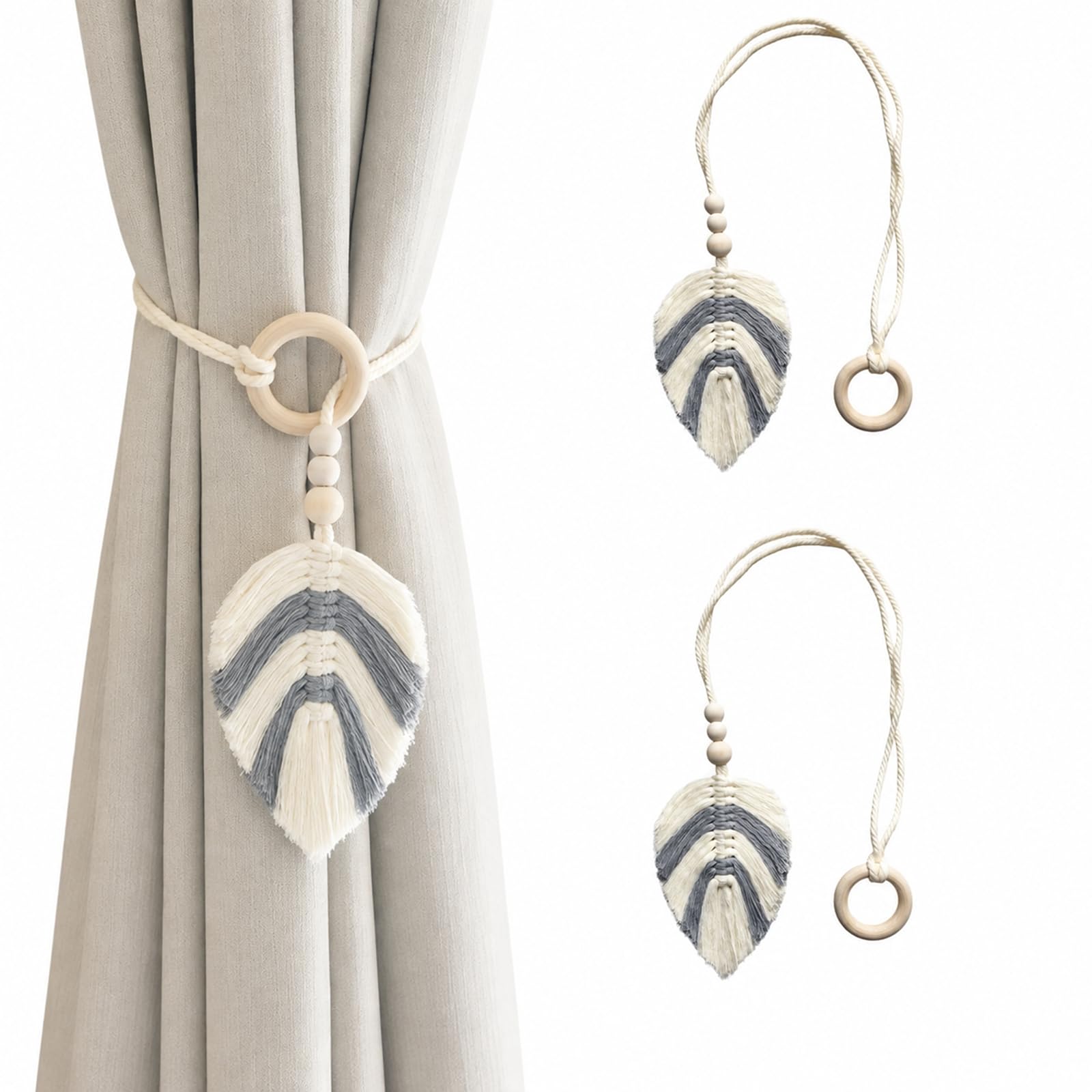 2 Pack Braided Curtain Tiebacks, Leaf Tassels, Grey and White