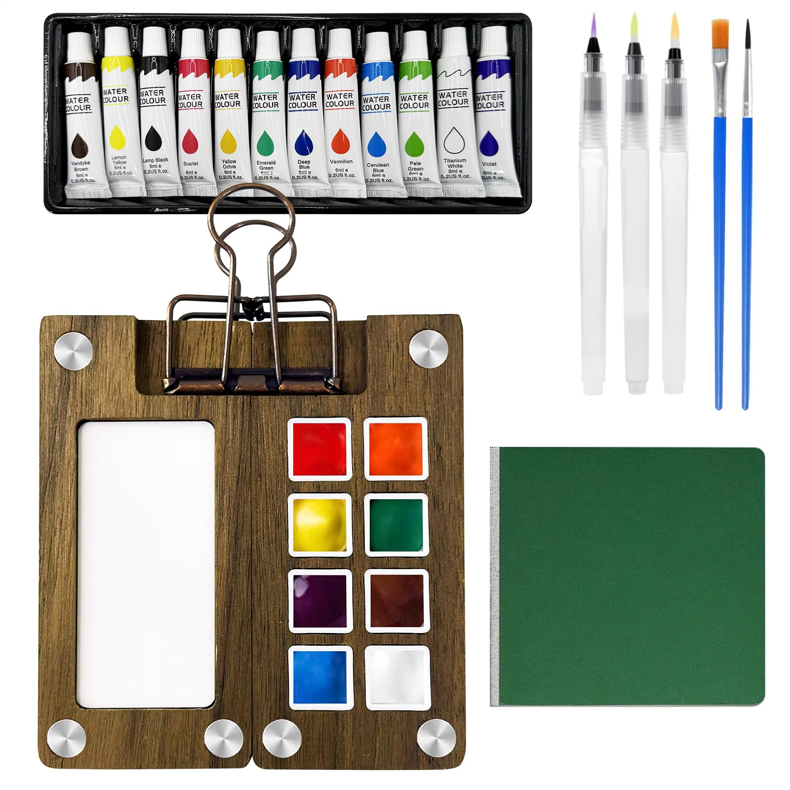 Mini Watercolor Paint Set, Travel Paint kit, Pocket Watercolor Set with Paint, Brush, Sketchbook & Copper Clip for Beginners, Artists & Painting