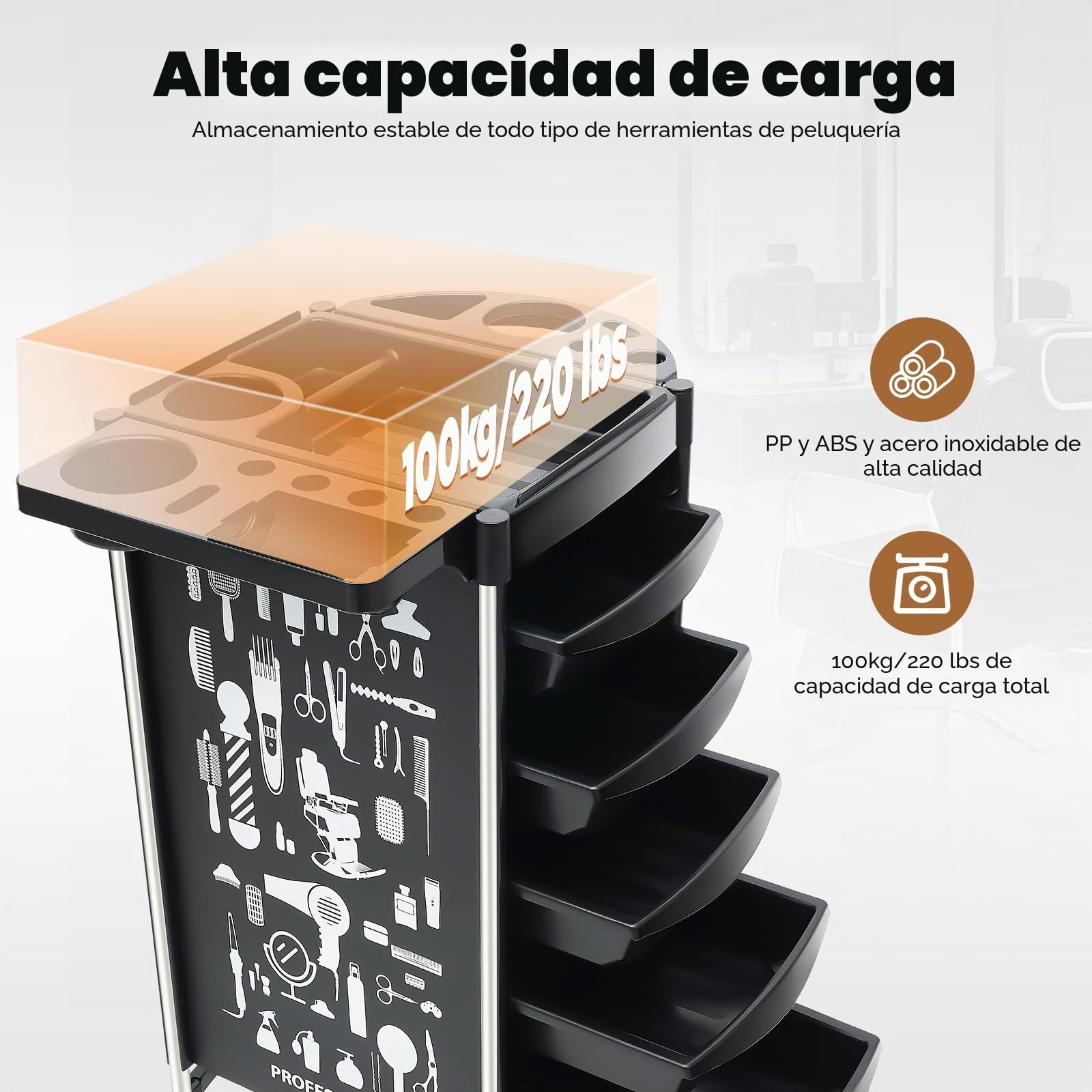 Carrito de peluquería con 5 cajones, accesorio profesional de peluquería, carrito de trabajo con soporte para secador de pelo y cesta colgante, color negro