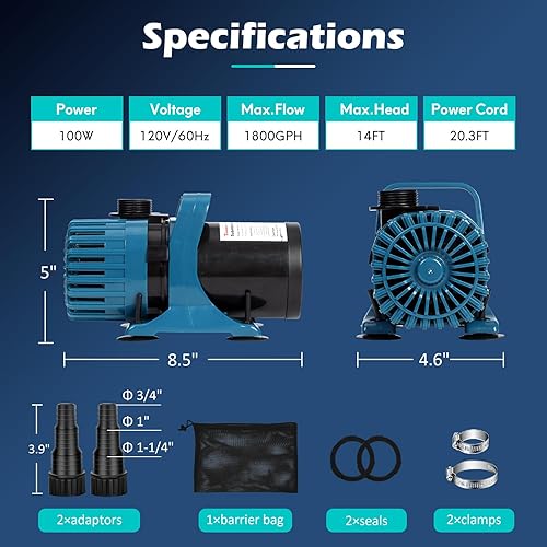 Miniatura 6 de Bomba de estanque de 100 W y 1800 GPH para estanques al aire libre y jardín acuático, bomba de fuente ultra silenciosa con salida ajustable de 180,