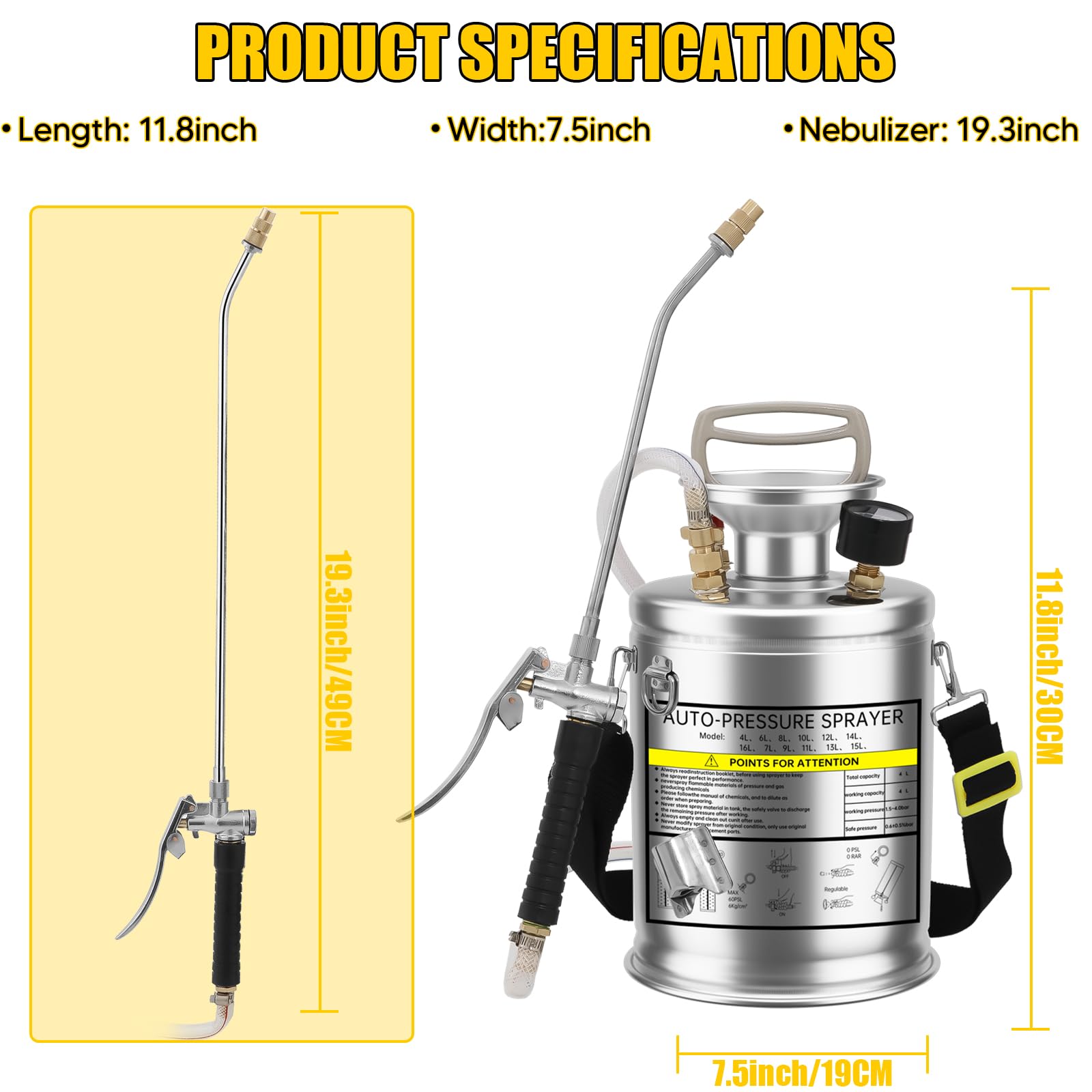 Pulvérisateur à pression 4L en acier inoxydable – Pulvérisateur manuel avec manomètre, buse en laiton réglable, pour jardin, pelouse, désinfection et nettoyage