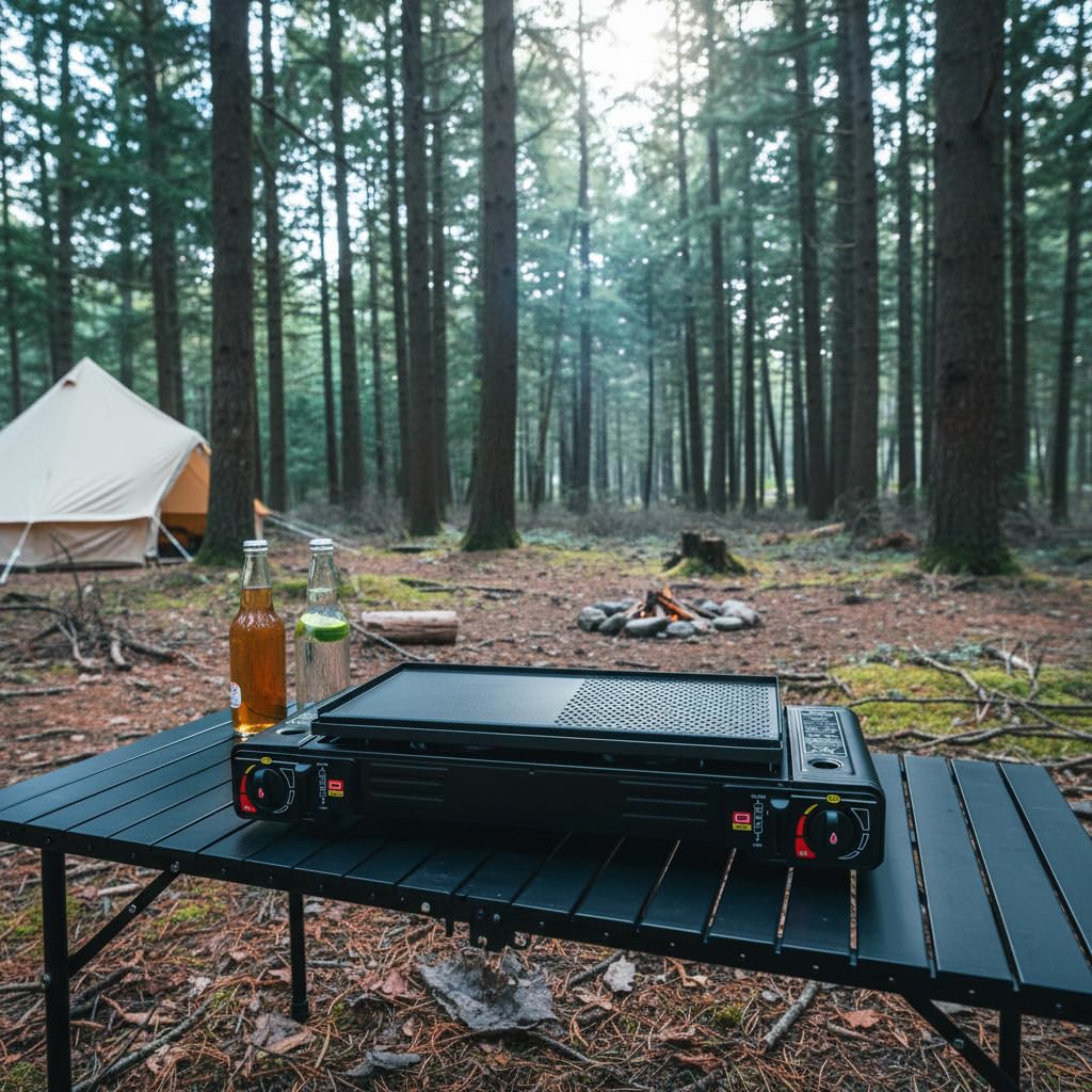 Hornillo portátil de camping con 2 fuegos, hornillo de camping al aire libre, estufa de gas, placa de barbacoa, maletín de alta potencia y seguridad, para familias y aventuras para fiestas de barbacoa