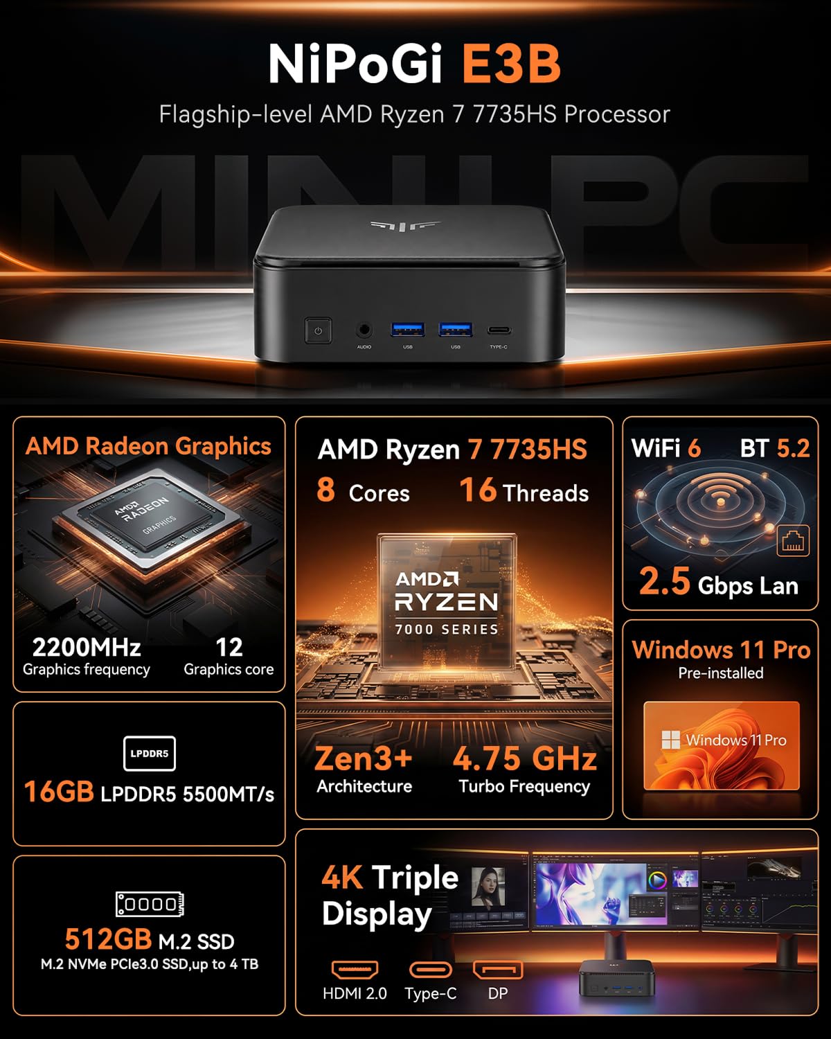 NiPoGi AM06 PRO Mini PC AMD Ryzen 7 5700U (8C/16T, jusqu