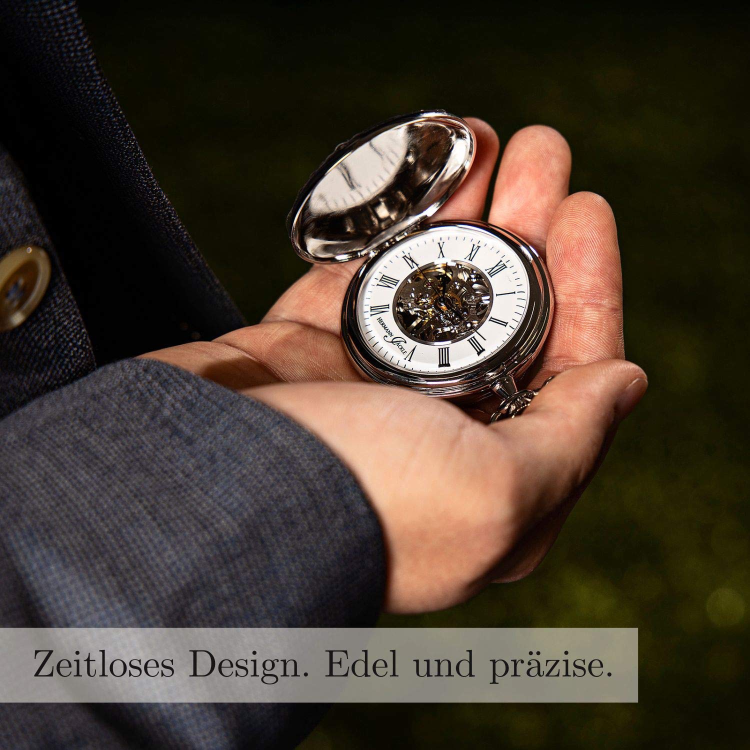 Hermann Jäckle Herren Taschenuhr Bayreuth II Skelett Handaufzug | Skelett-Uhrwerk, Handaufzug, Mineralglas, klassisches Design, inklusive Kette und Reiseetui