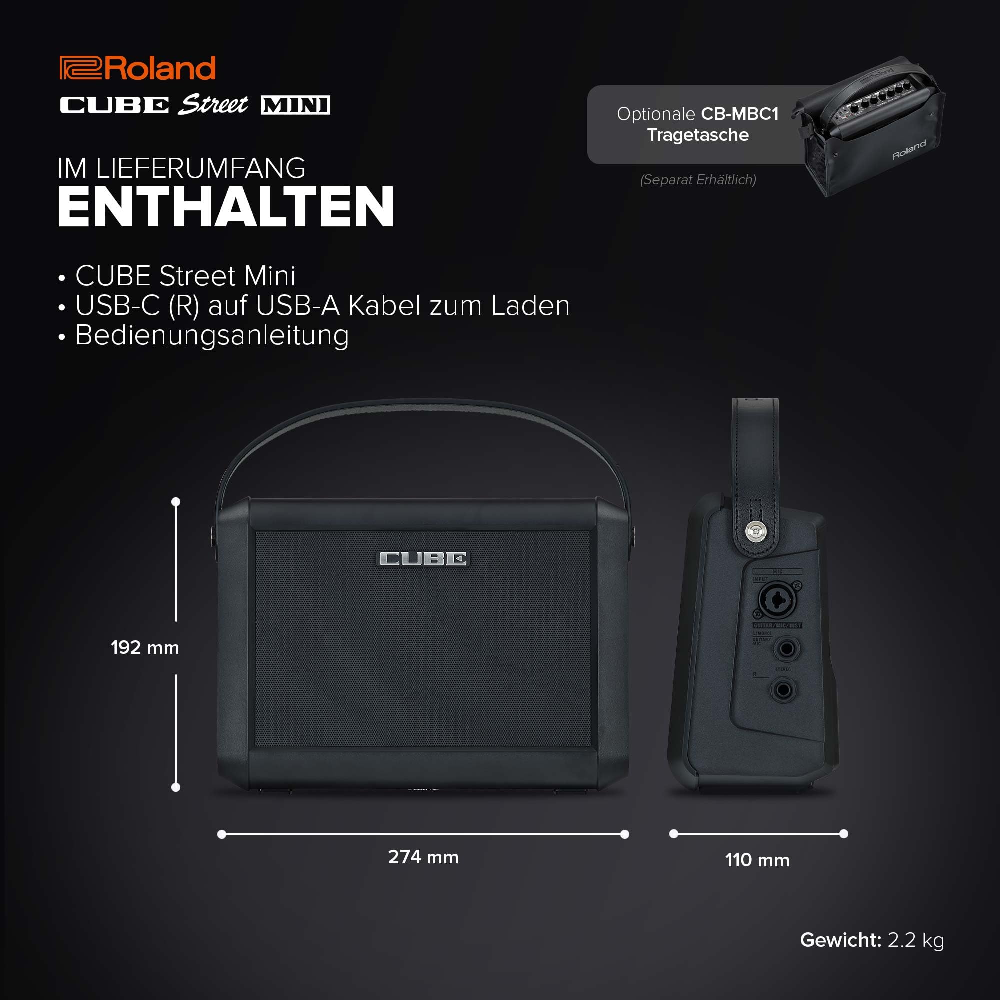 Roland Cube Street Mini | Ultrakompakter Verstärker | Hervorragender Sound | Ideal für kleine Events | Anschluss von Mikrofonen, Instrumenten & mehr | Bis zu 7 Stunden Batterielaufzeit